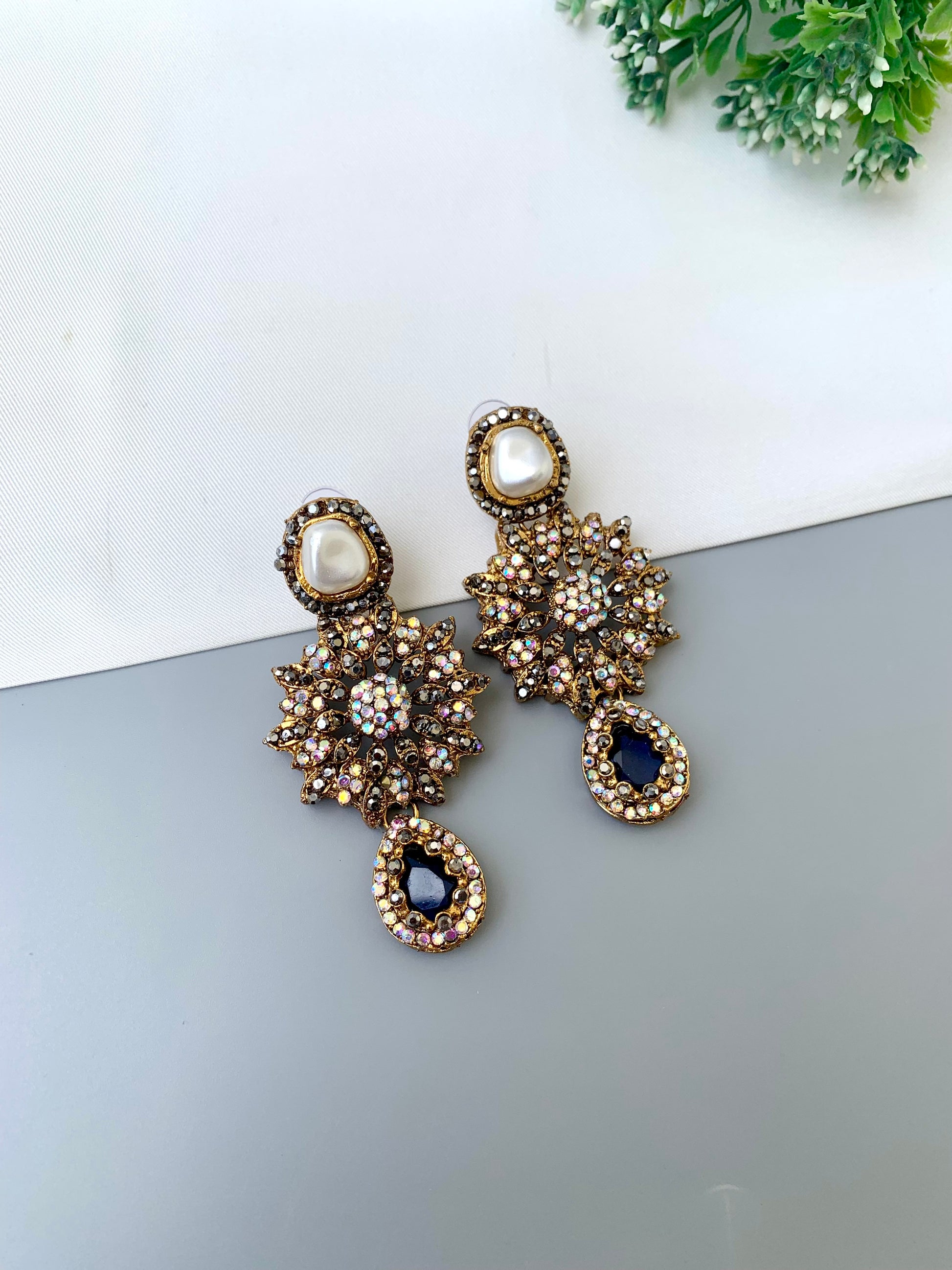 Deran sapphire Victorian earrings with American diamonds, pearl stud and teardrop gemstone