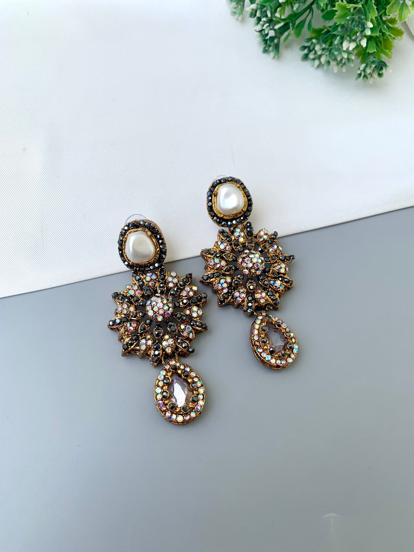 Deran white Victorian earrings with American diamonds, pearl stud and teardrop gemstone