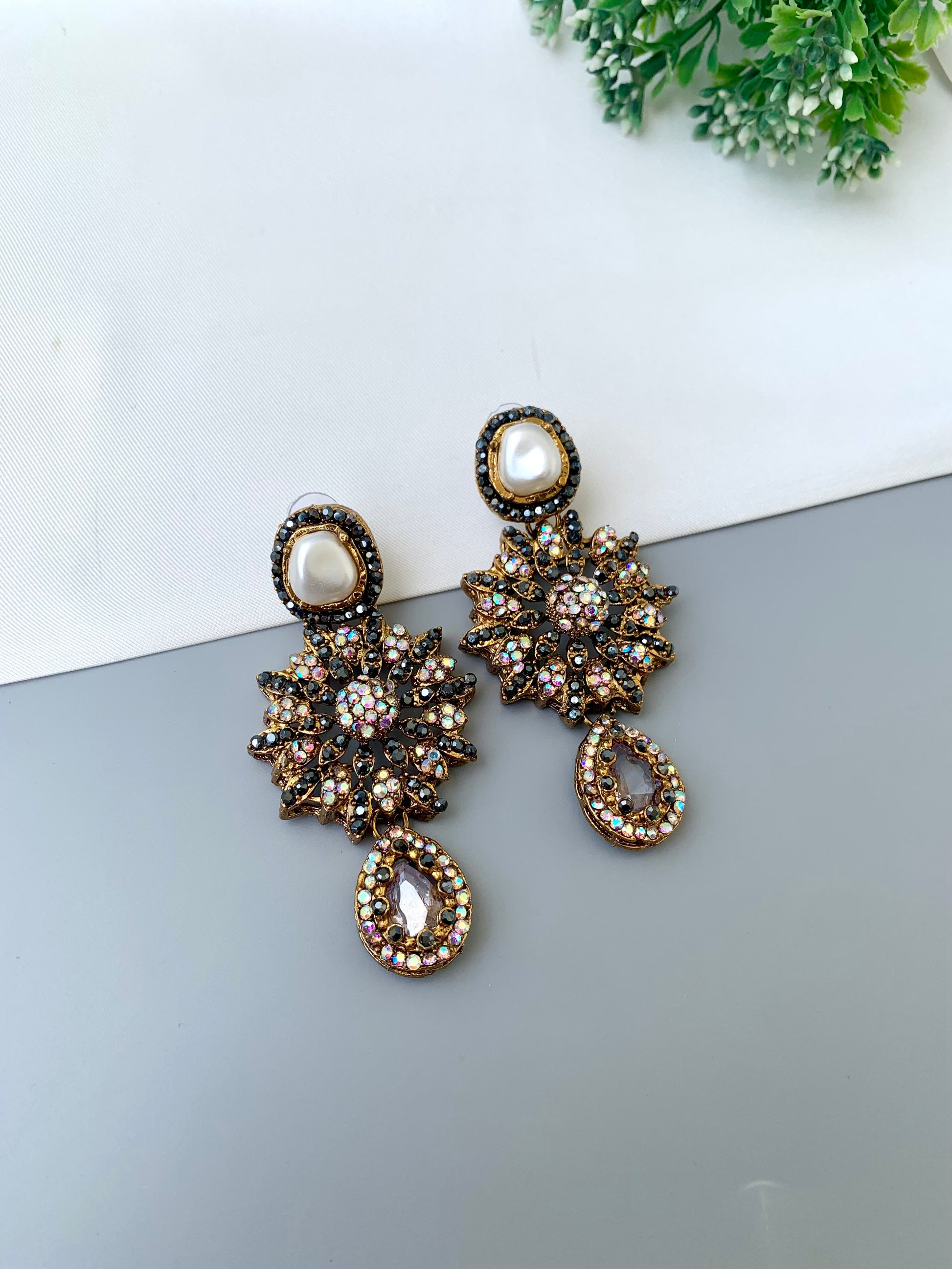 Deran white Victorian earrings with American diamonds, pearl stud and teardrop gemstone