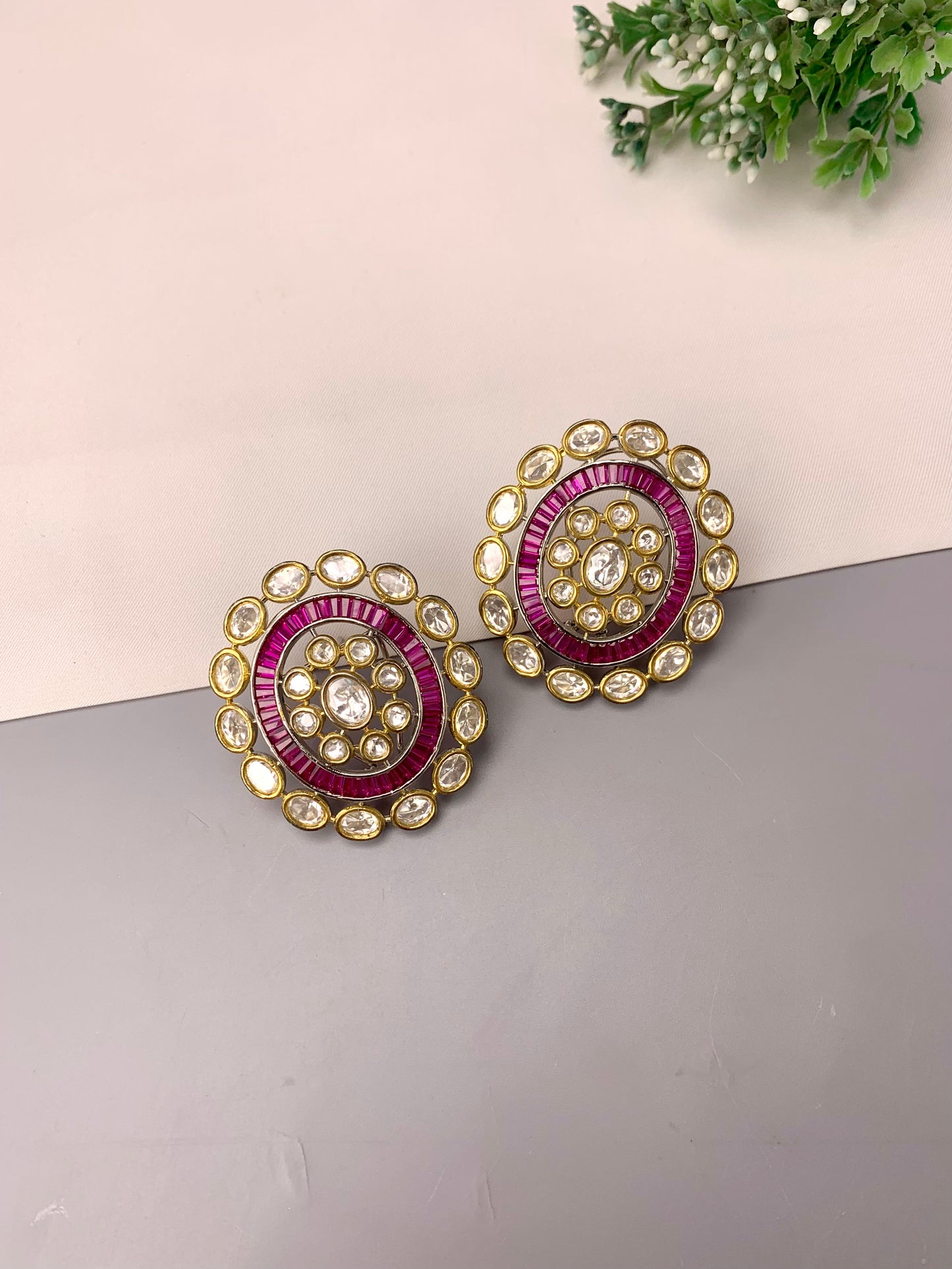 Diana handcrafted oversized Victorian gold plated studs with Polki Kundan and semi-precious ruby stones
