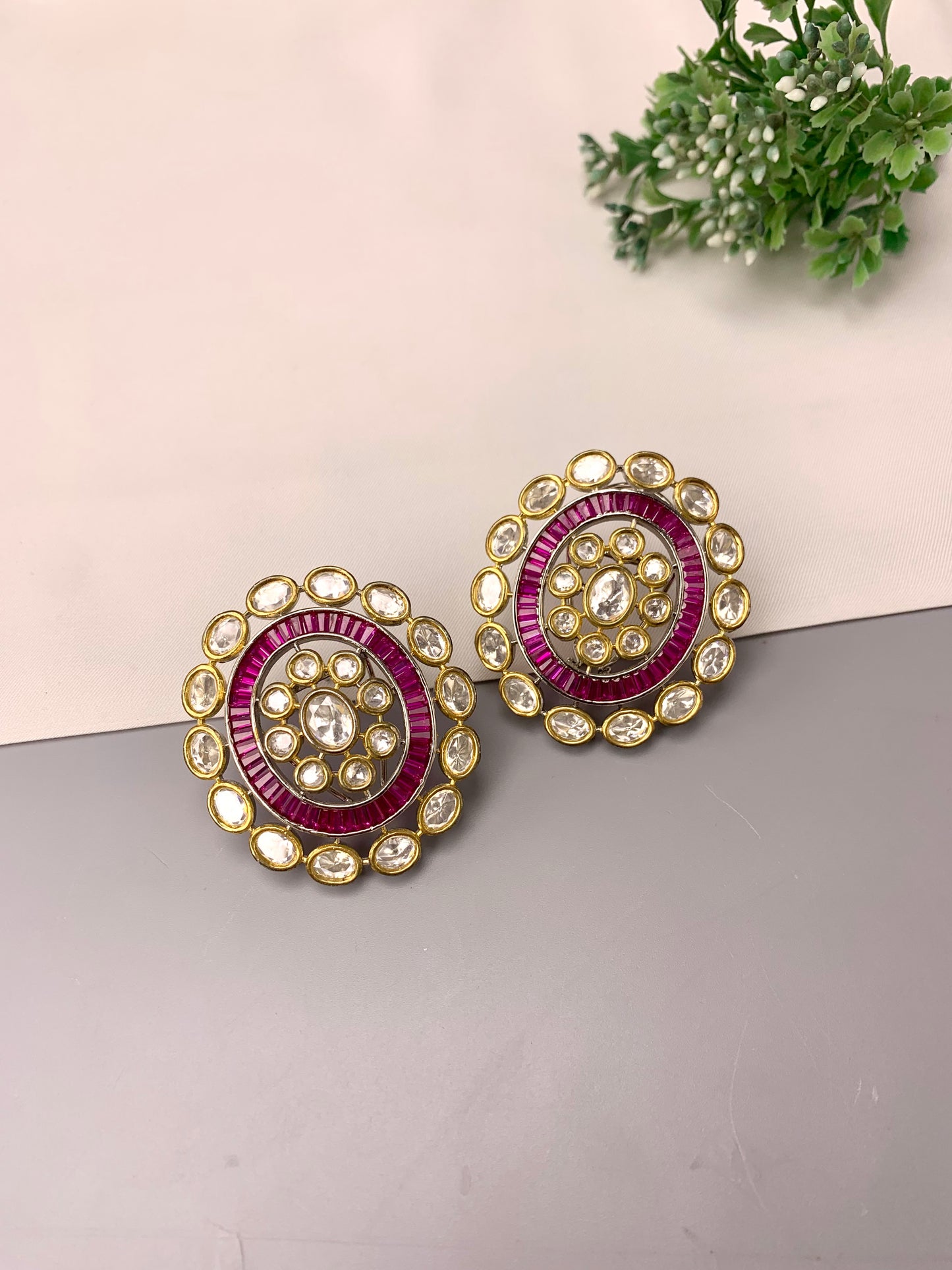 Diana handcrafted oversized Victorian gold plated studs with Polki Kundan and semi-precious ruby stones