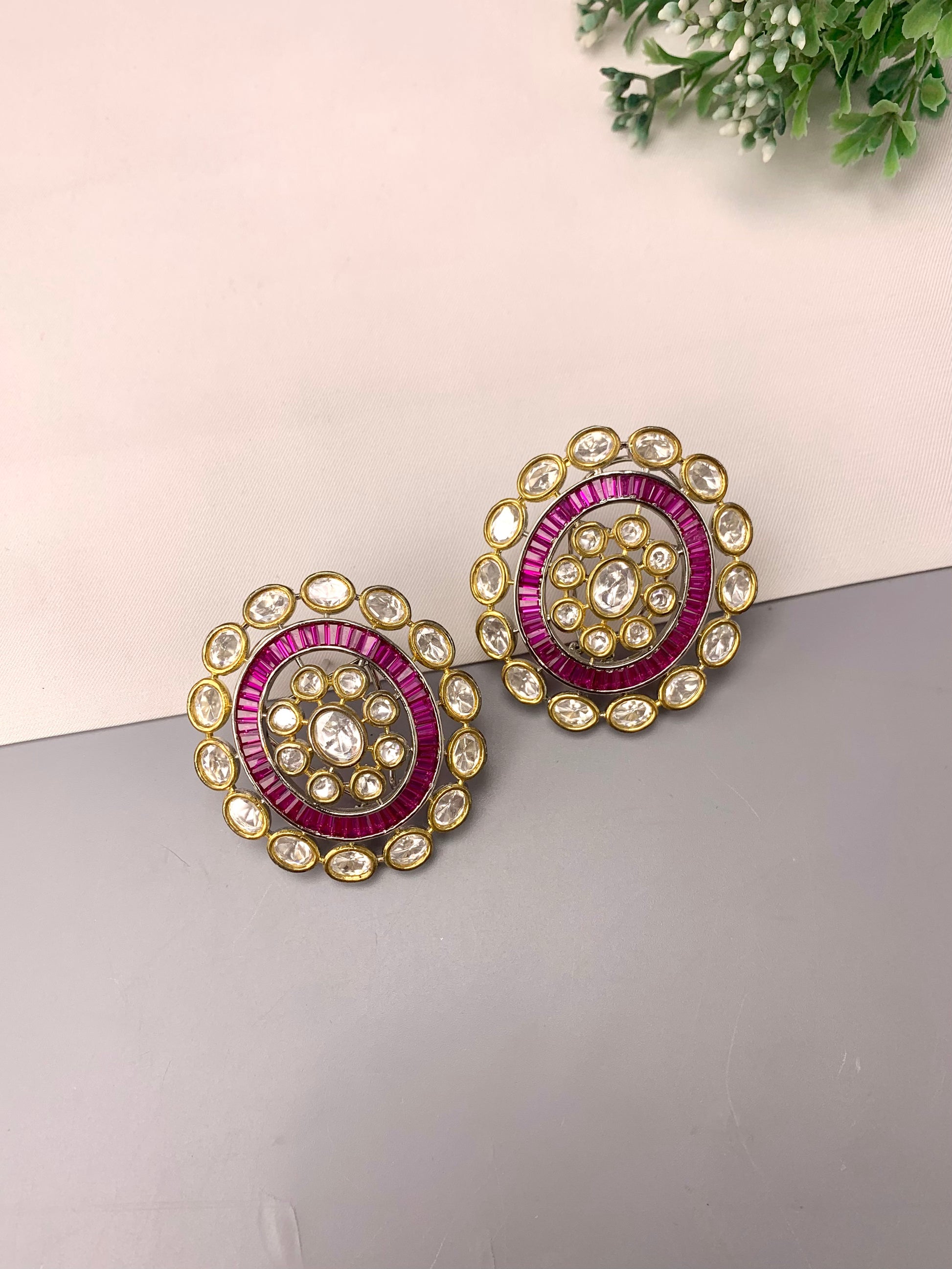 Diana handcrafted oversized Victorian gold plated studs with Polki Kundan and semi-precious ruby stones