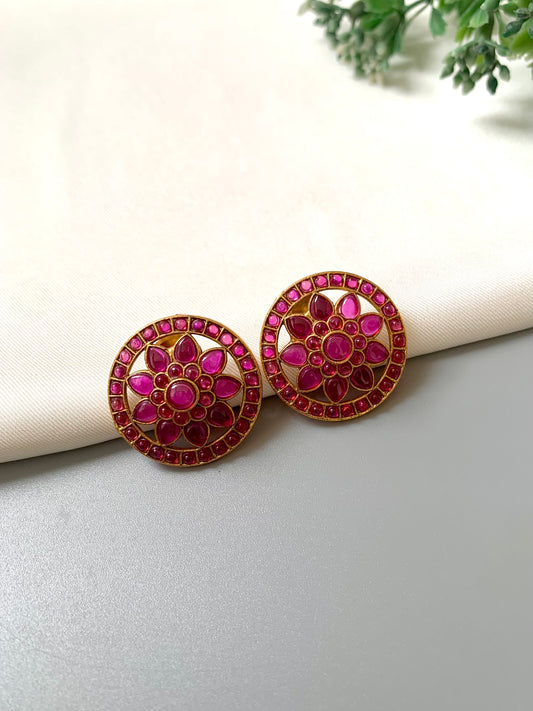 Handcrafted 22kt Gold Plated Dikhsha Studs with Semi-Precious Ruby and Kemp Stones – front view