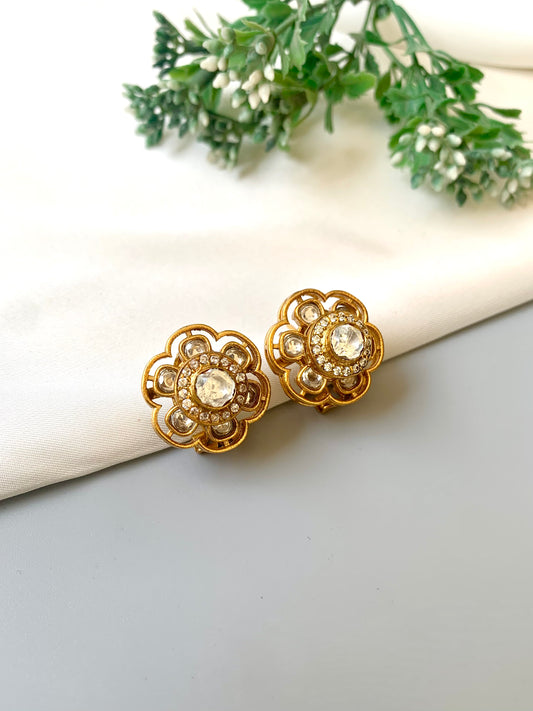 Dorina 22kt gold plated oxidized studs with American diamonds and moissanite