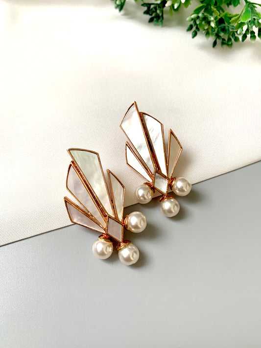 22kt Rose Gold plated geometric earrings with real Mother of Pearl and semi-precious pearls from Zamal Jewels