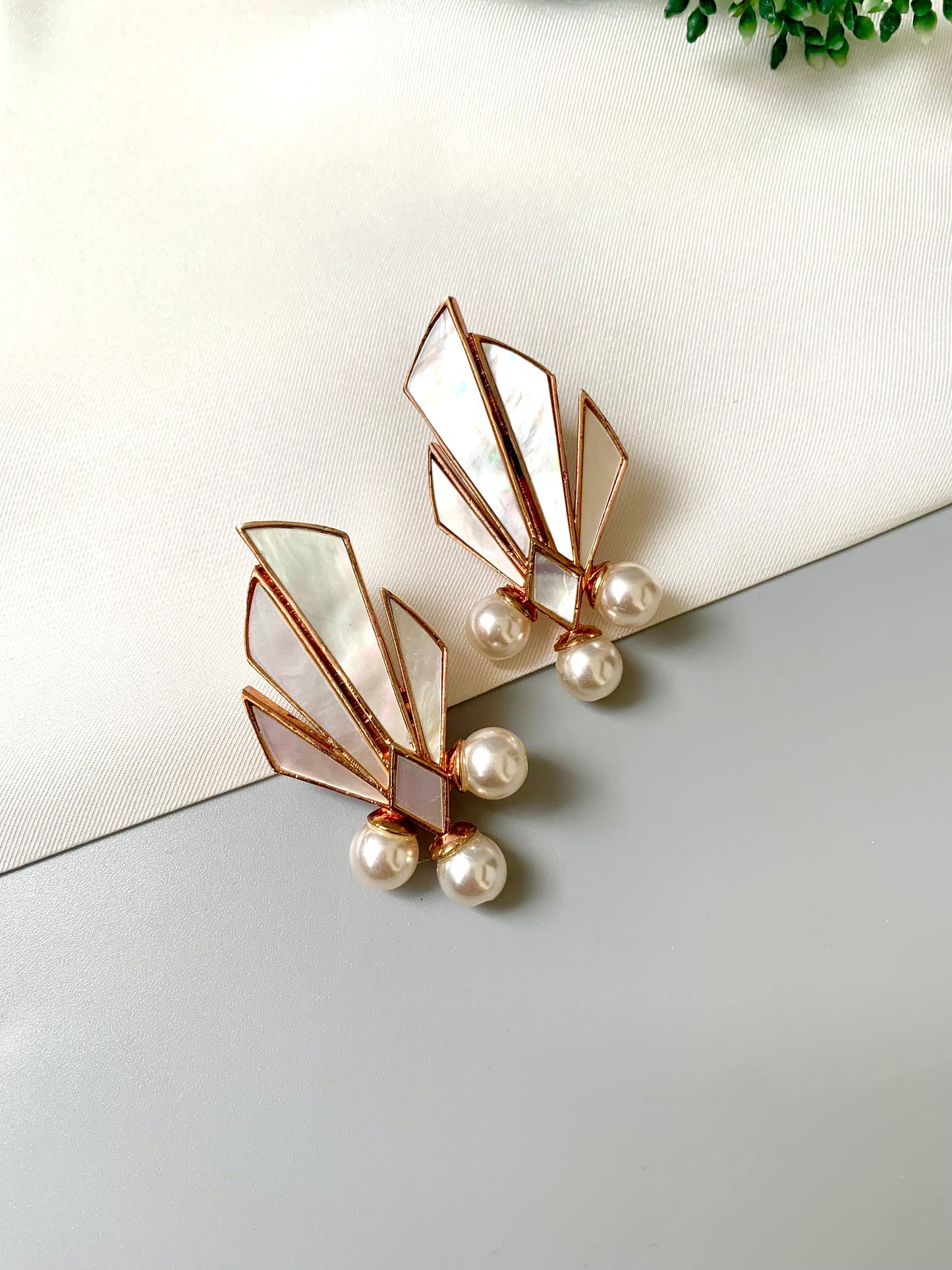 22kt Rose Gold plated geometric earrings with real Mother of Pearl and semi-precious pearls from Zamal Jewels