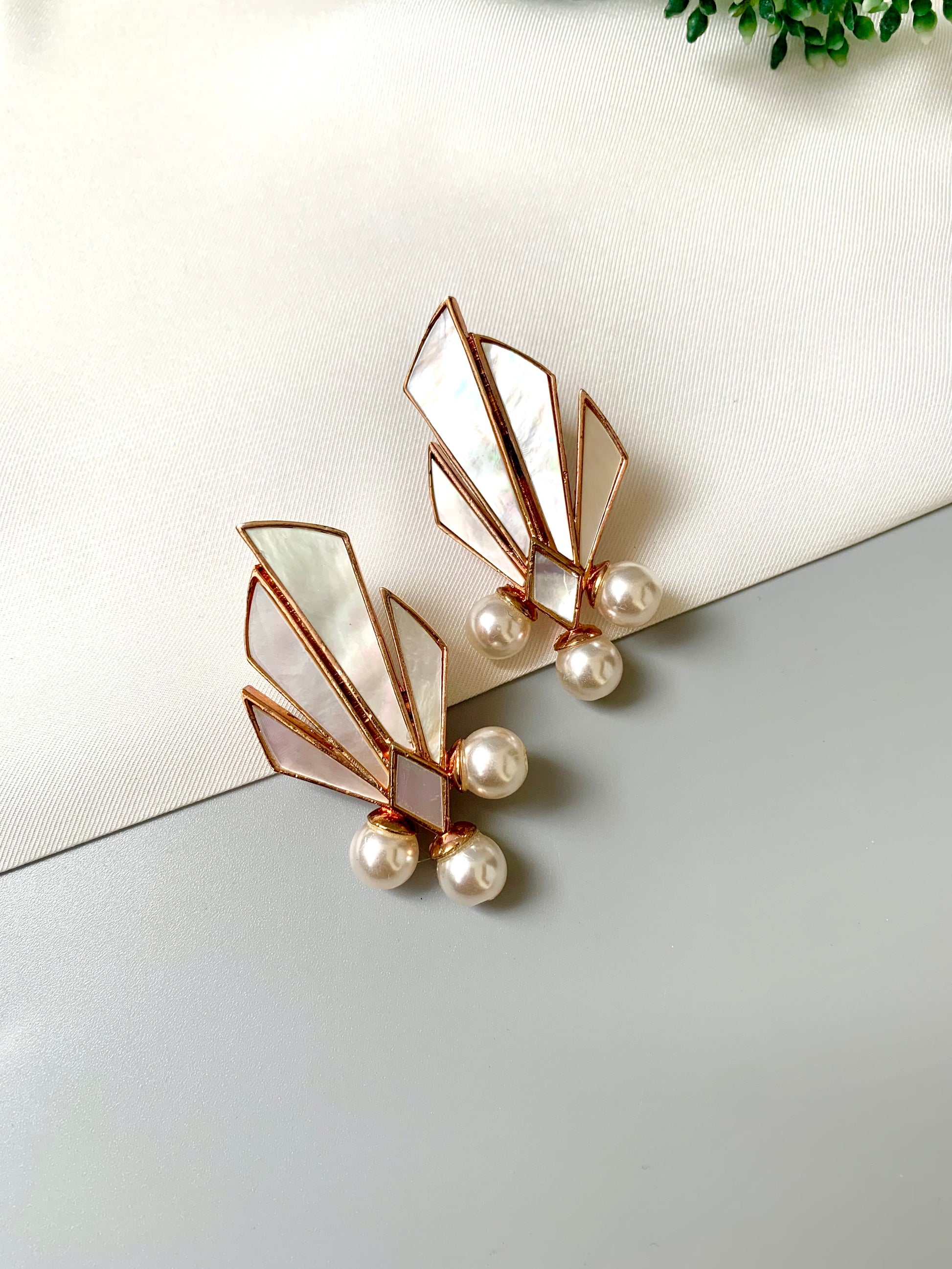 22kt Rose Gold plated geometric earrings with real Mother of Pearl and semi-precious pearls from Zamal Jewels