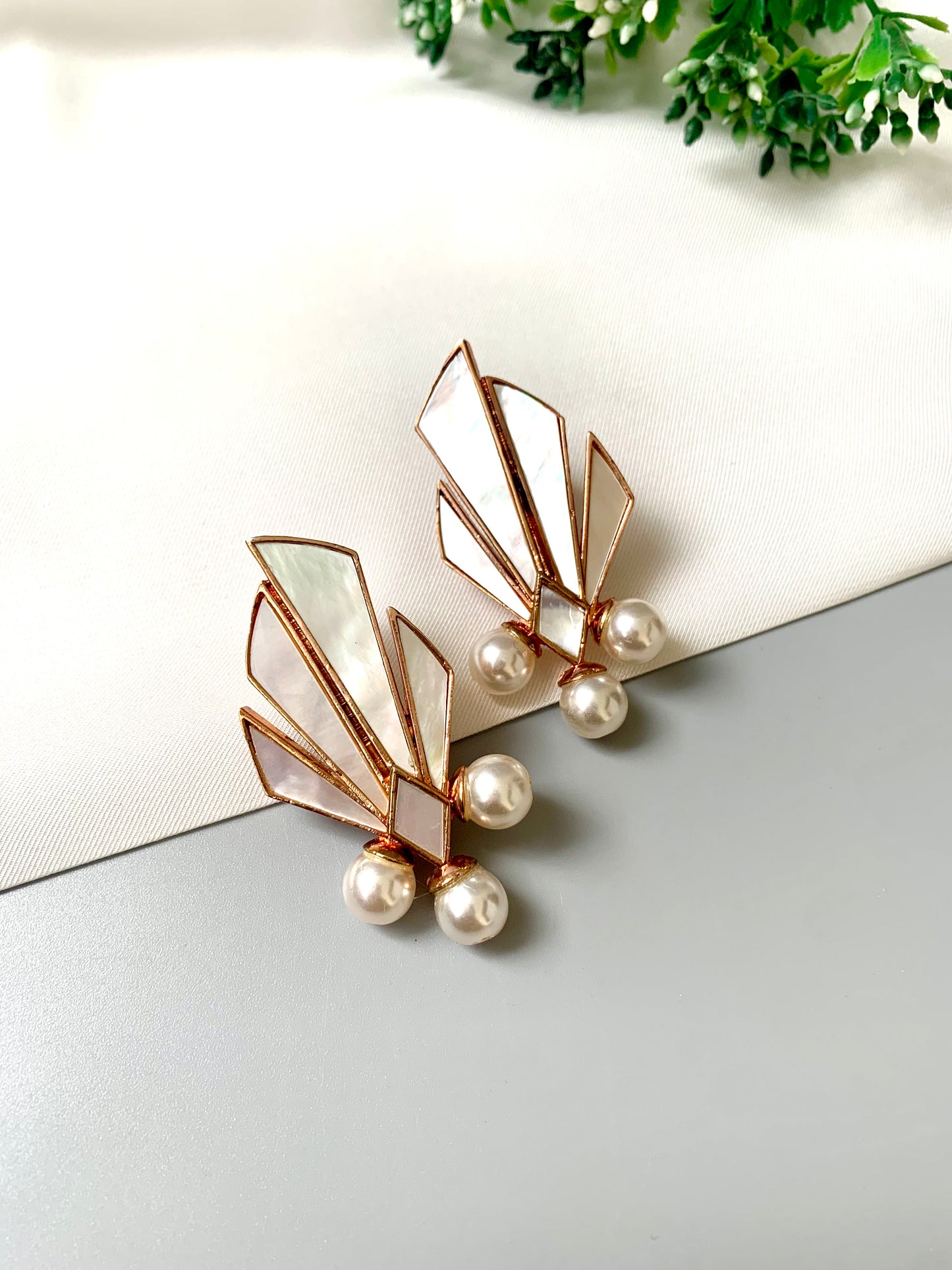 22kt Rose Gold plated geometric earrings with real Mother of Pearl and semi-precious pearls from Zamal Jewels