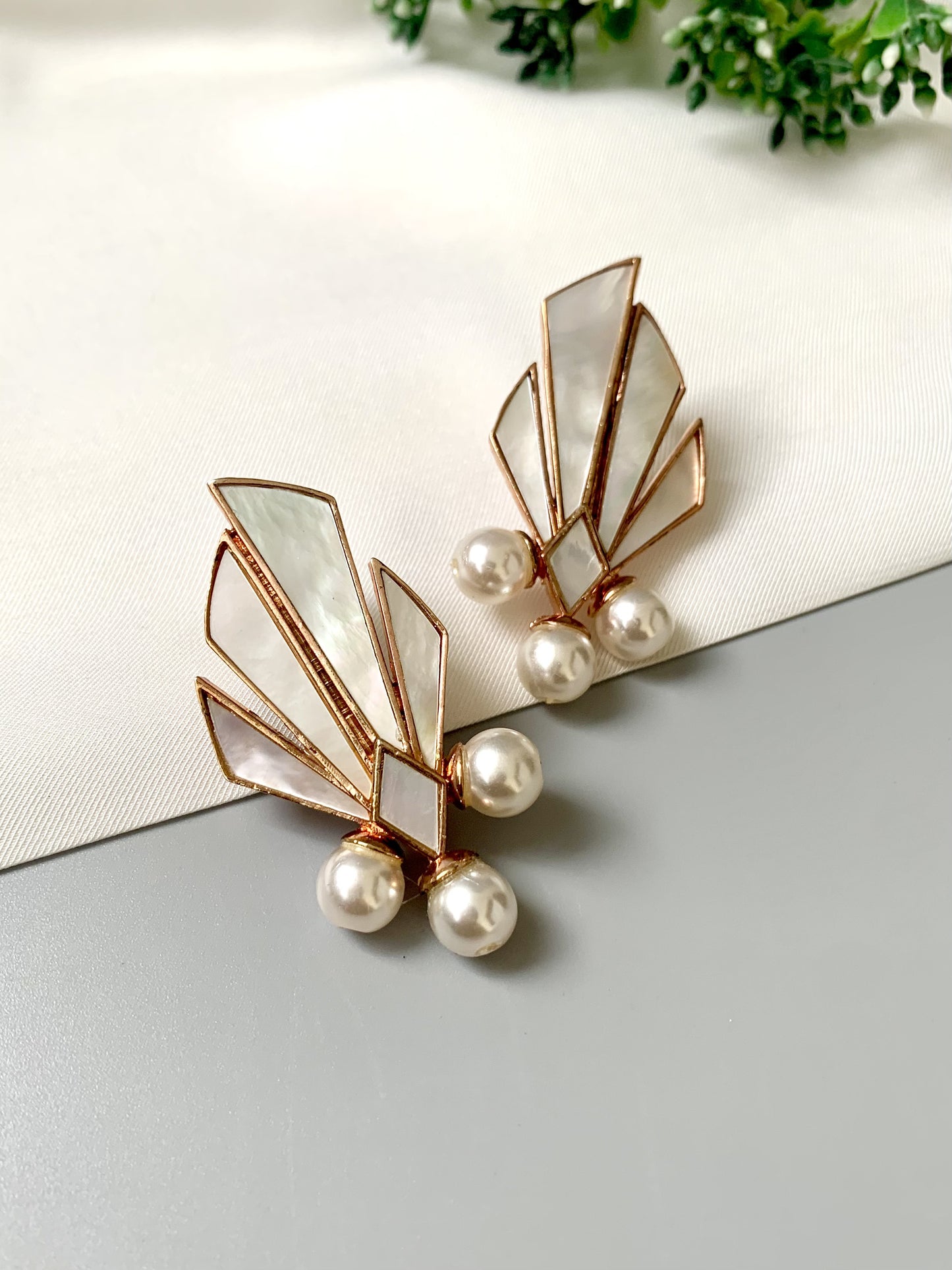 22kt Rose Gold plated geometric earrings with real Mother of Pearl and semi-precious pearls from Zamal Jewels