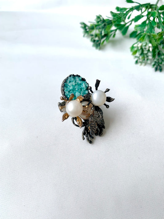 Handcrafted oxidized floral ring with pearls, American Diamonds, and raw natural gemstone