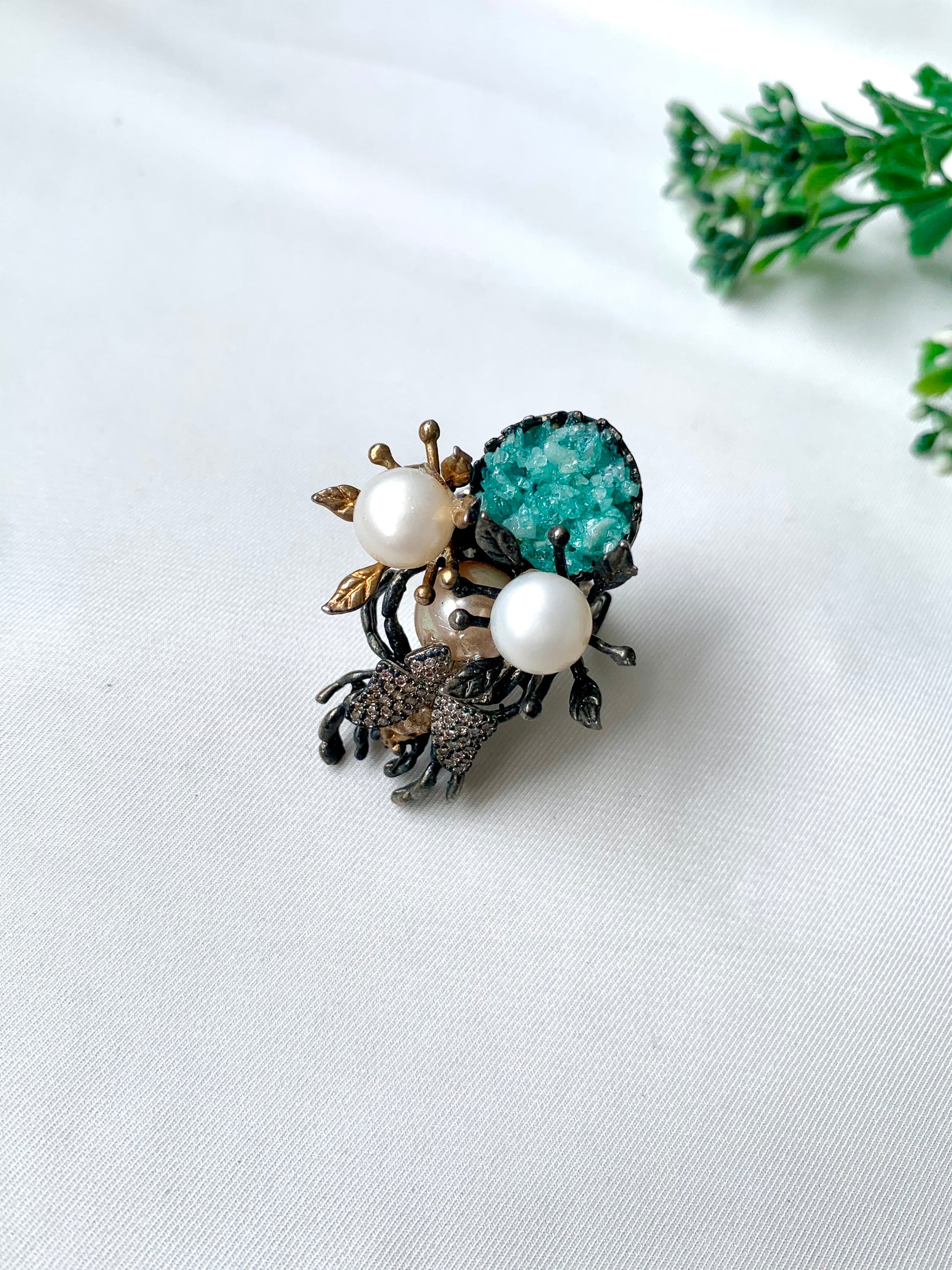 Handcrafted oxidized floral ring with pearls, American Diamonds, and raw natural gemstone