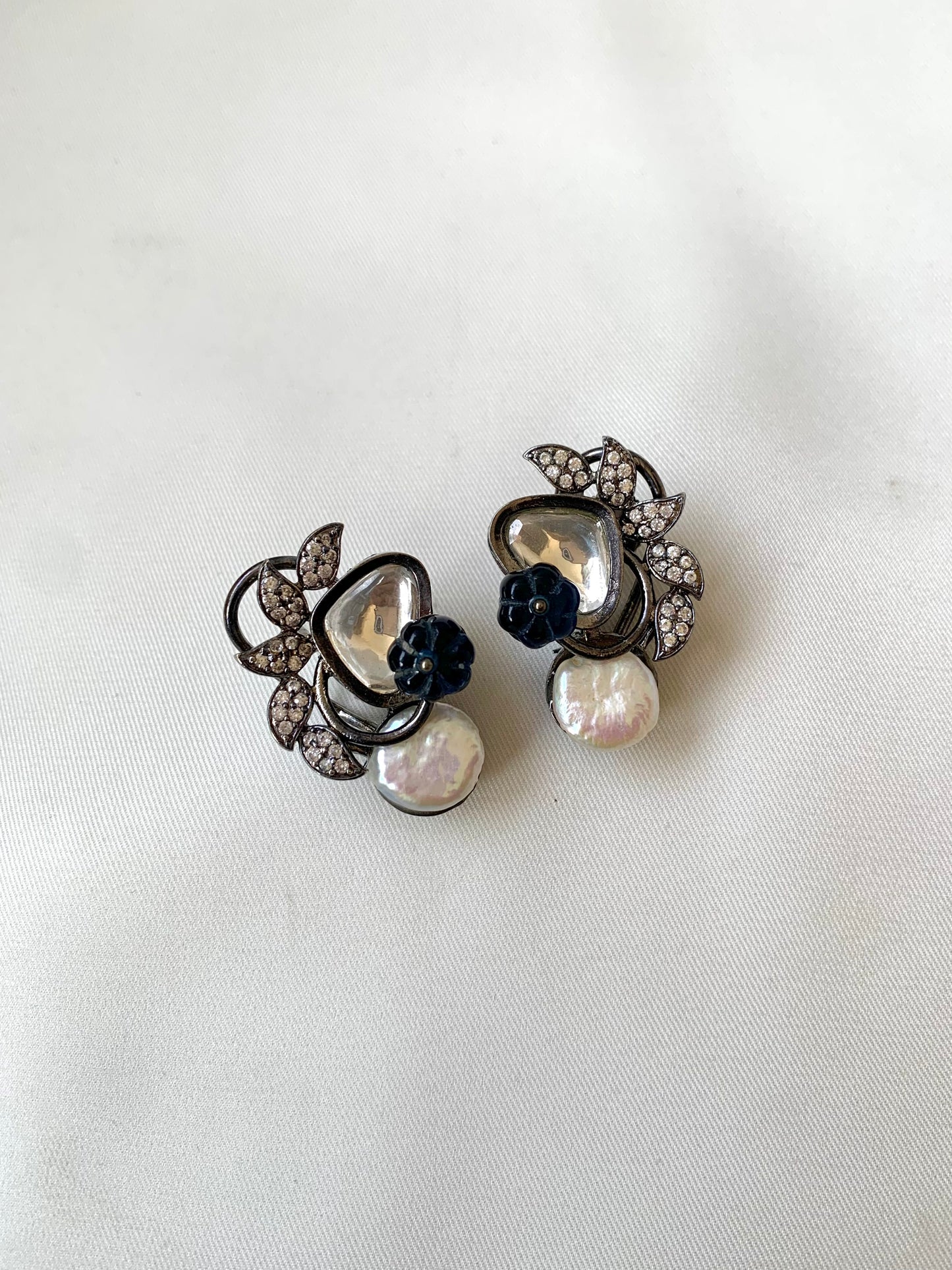 Elawi handcrafted rhodium oxidized designer earrings with polki kundan and hand carved melon beads