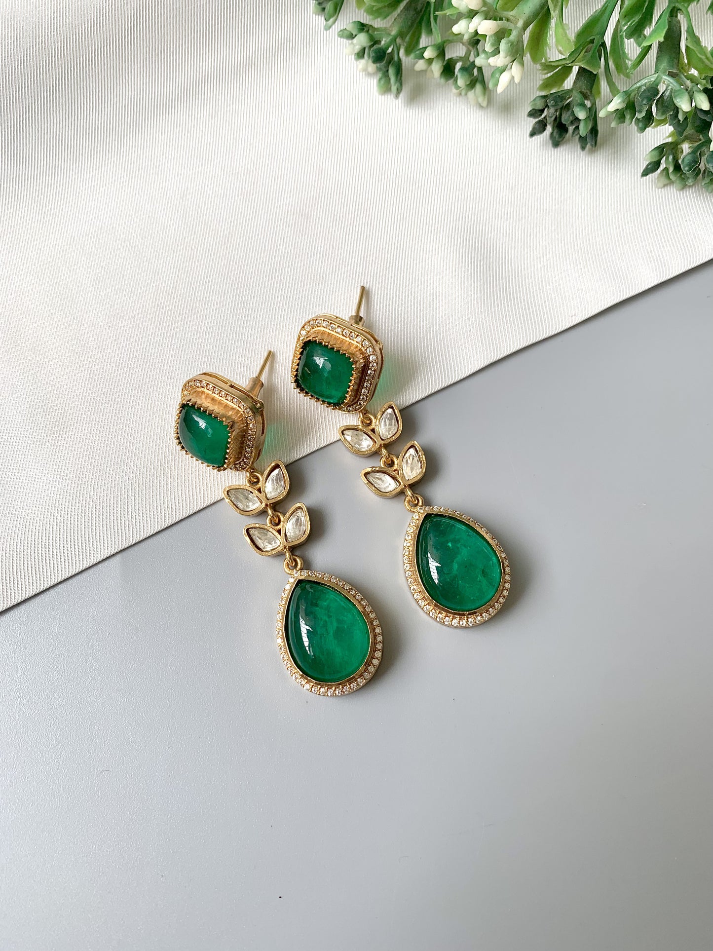 Elayra Emerald Bloom earrings with semi-precious stones and Victorian gold plating by Zamal Jewels