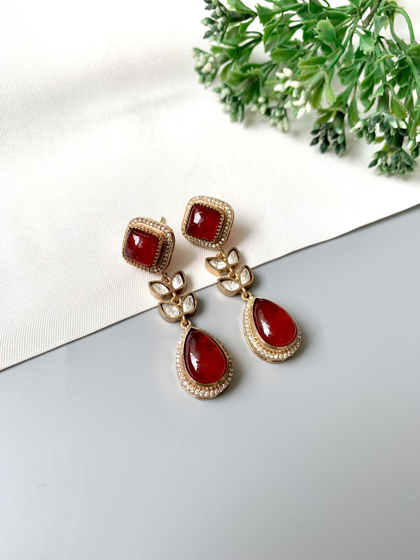 Elayra ruby drop earrings in 22kt Victorian gold with Polki Kundan and American Diamonds by Zamal Jewels