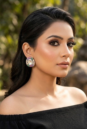 Eliana multi Swarovski studs in rhodium platinum finish with polki kundan and American diamonds
