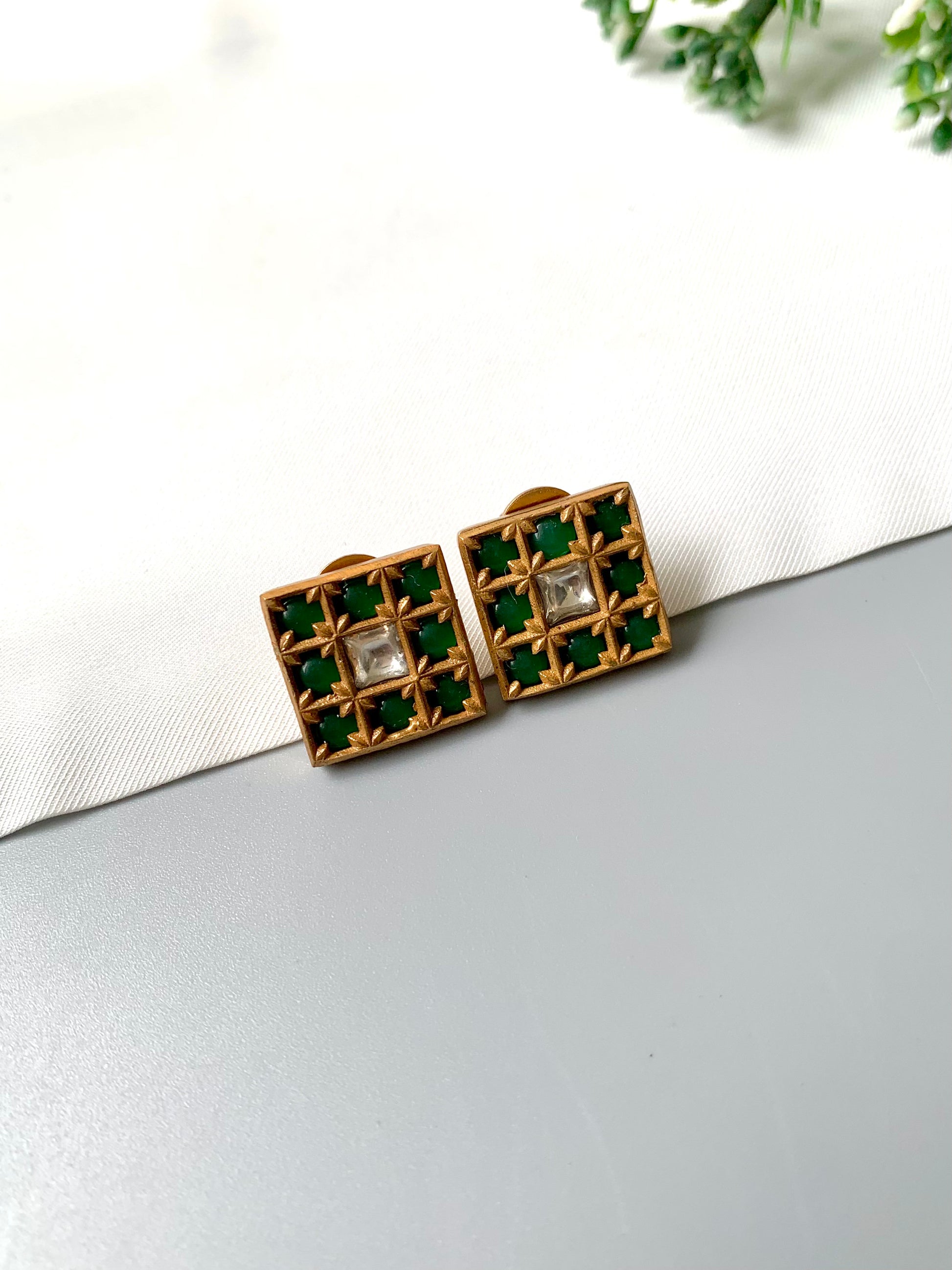 Square handcrafted emerald and Polki Kundan studs with 22kt gold plating