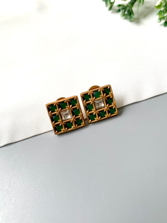 Square handcrafted emerald and Polki Kundan studs with 22kt gold plating