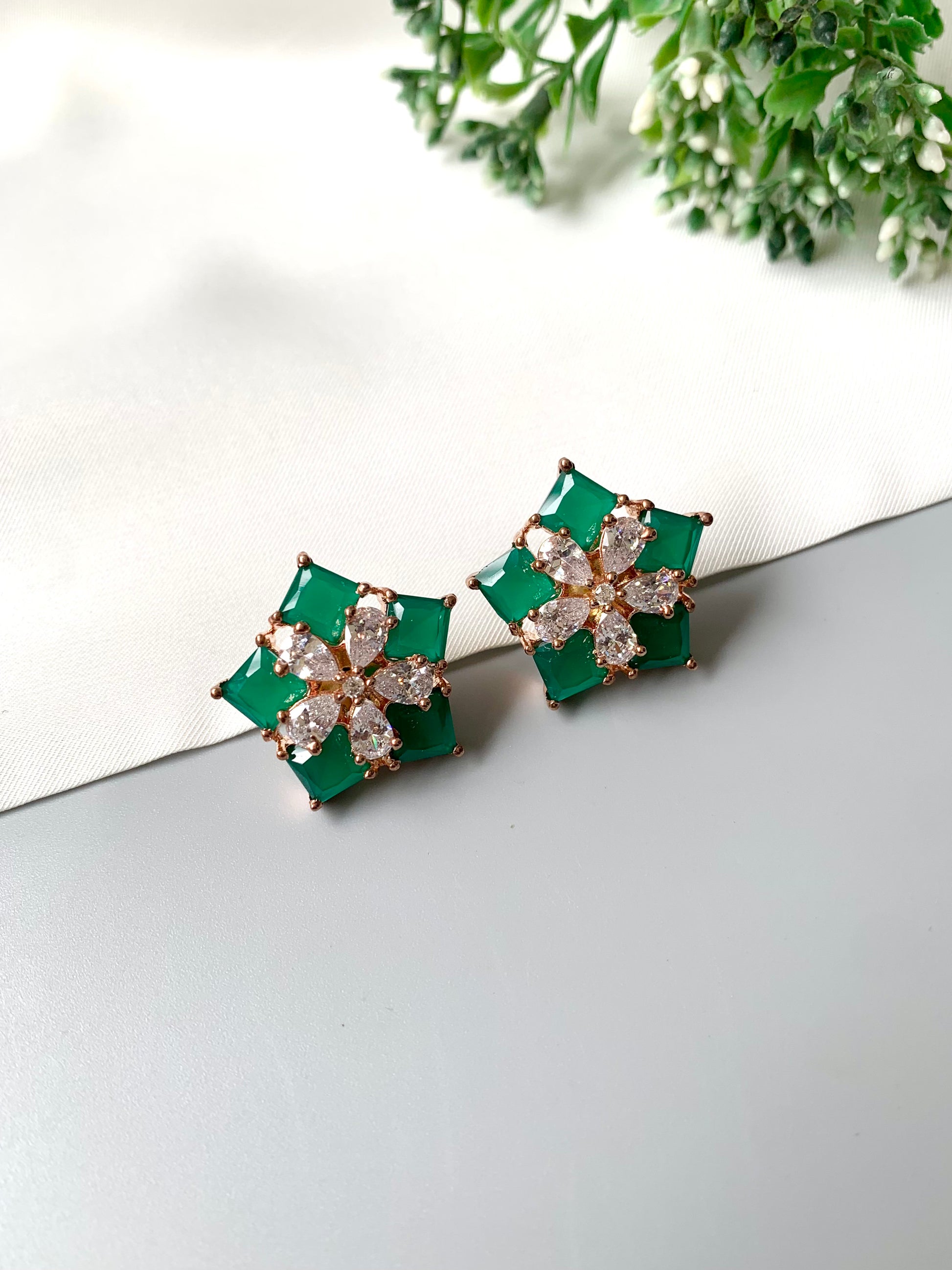 Semi-precious emerald and diamond stud earrings 