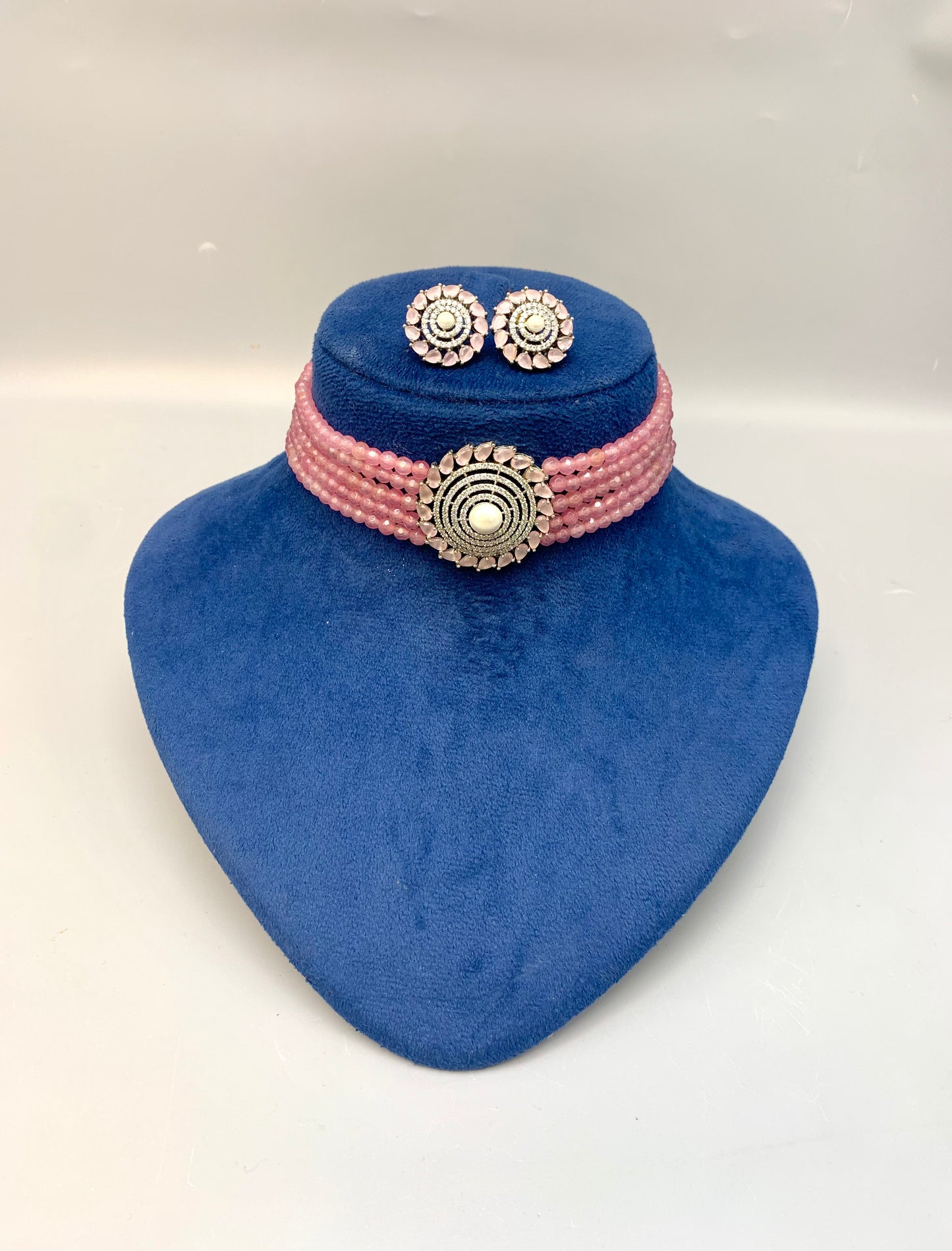 Erina handcrafted rhodium plated choker set with American diamonds pearls and pink Onyx