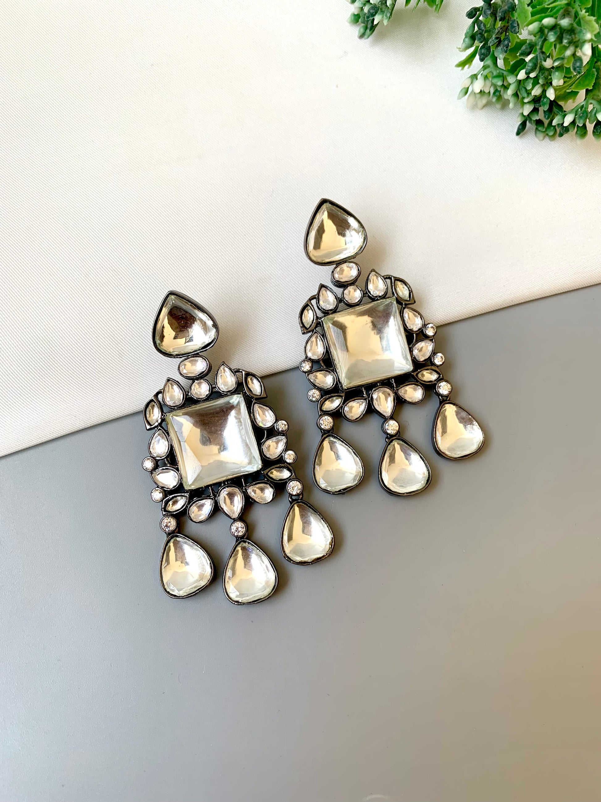 Erina handcrafted rhodium oxidized earrings with high quality polki kundan