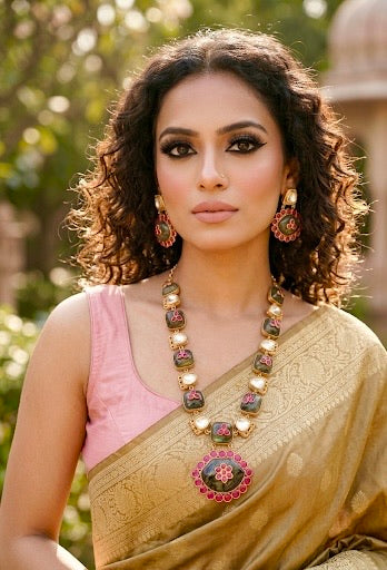 Falak Moonstone signature maala set in Victorian gold plating with moonstone, ruby and moissanite kundan