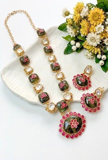 Falak Moonstone signature maala set in Victorian gold plating with moonstone, ruby and moissanite kundan