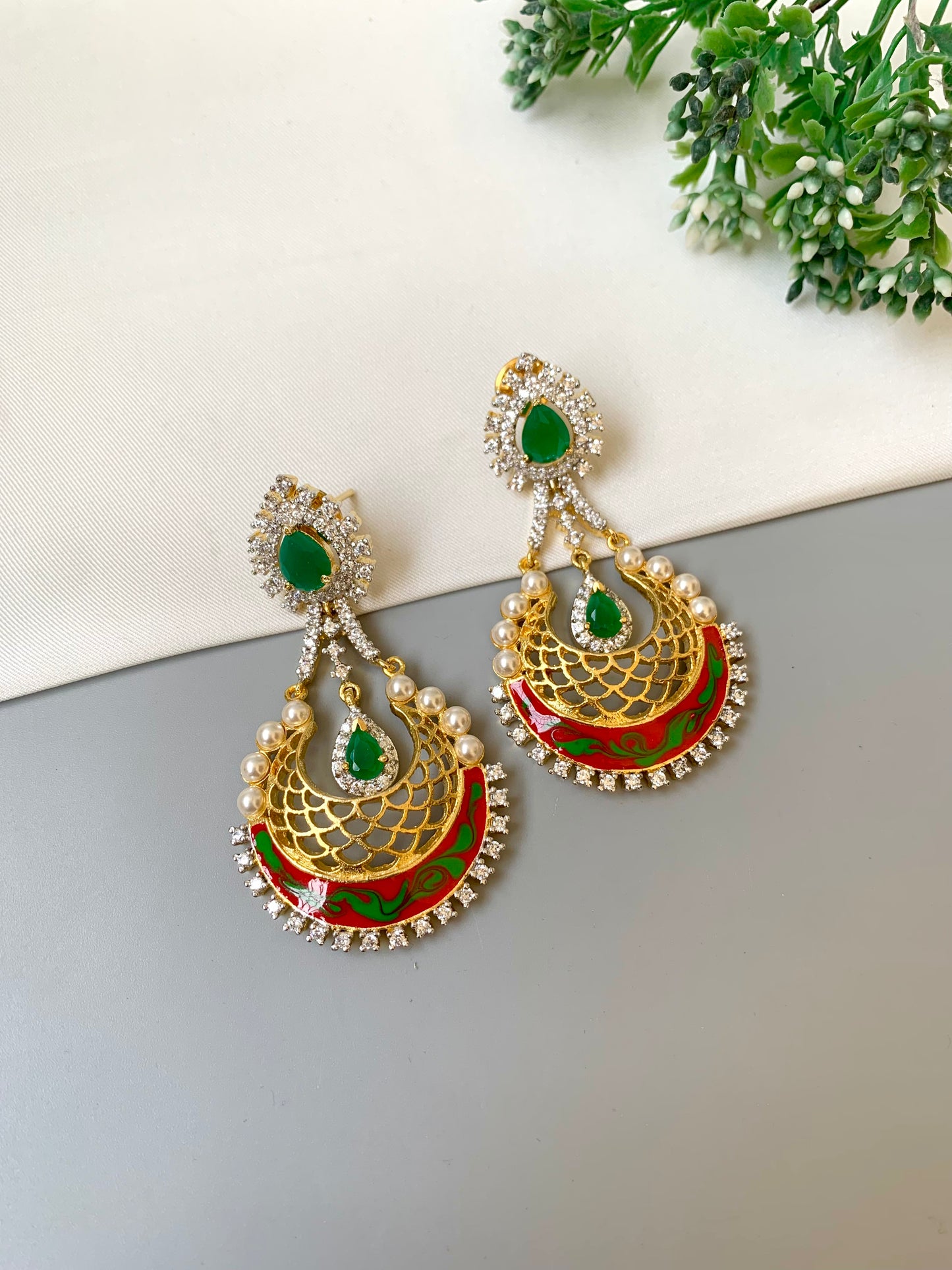 Fareda handcrafted 22kt gold plated designer earrings with emerald, pearls and hand painted meena