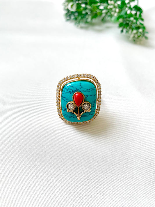 Handcrafted Fiza Ring with Feroza stone in 22kt Gold plating – Front View