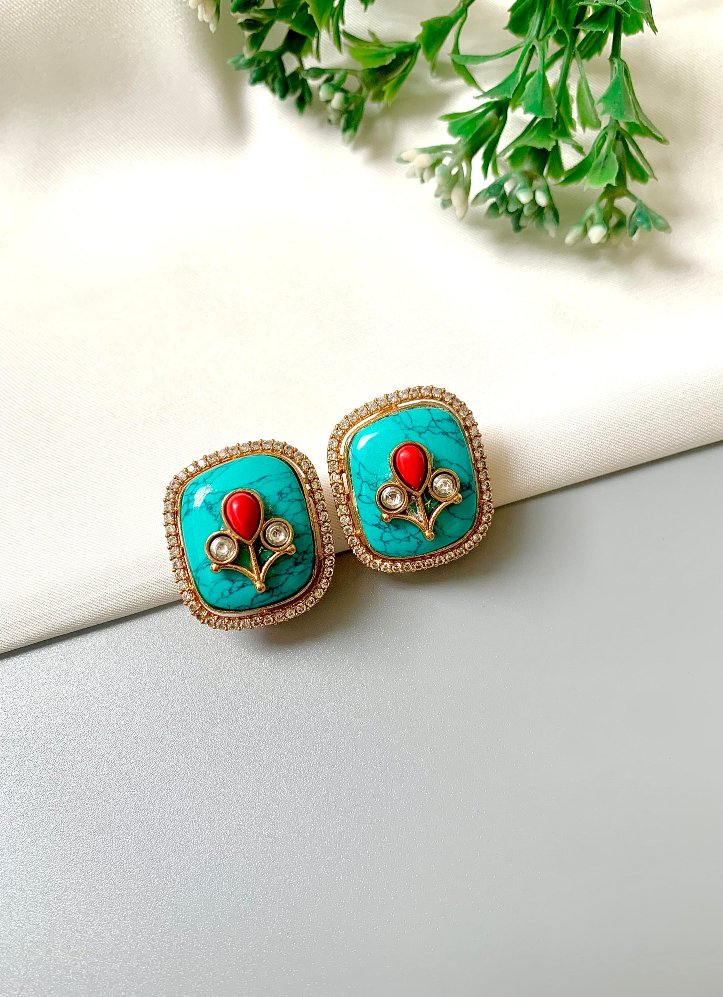 Fiza Studs with Feroza, Coral and Polki Kundan in 22kt Gold – Zamal Jewels