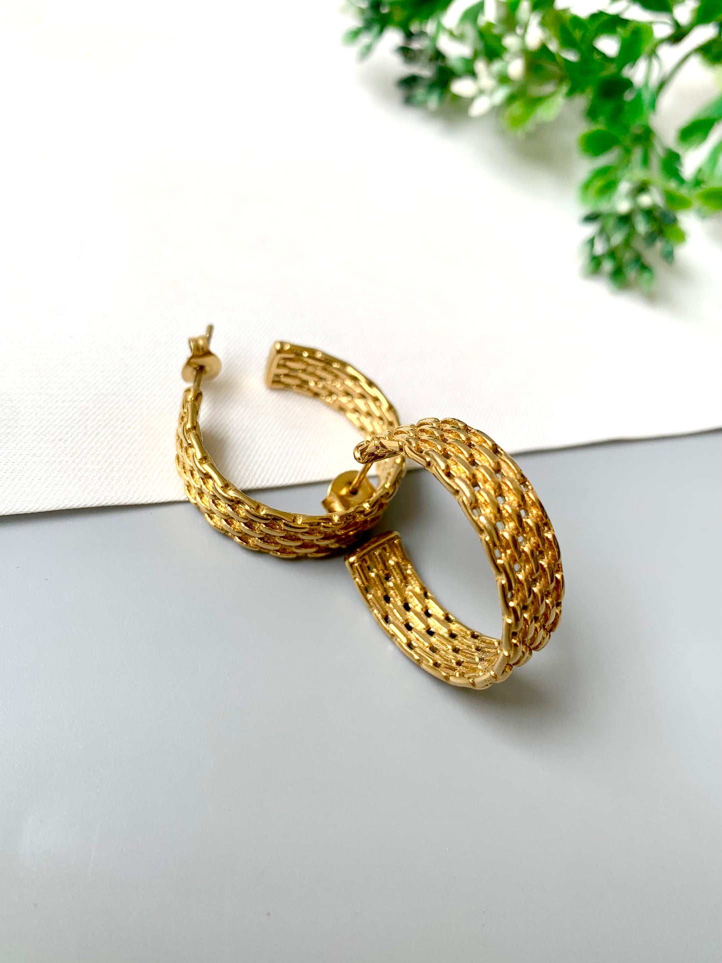 Gold plated stainless steel Linka Hoops with textured chain design from FORMA by Zamal Jewels