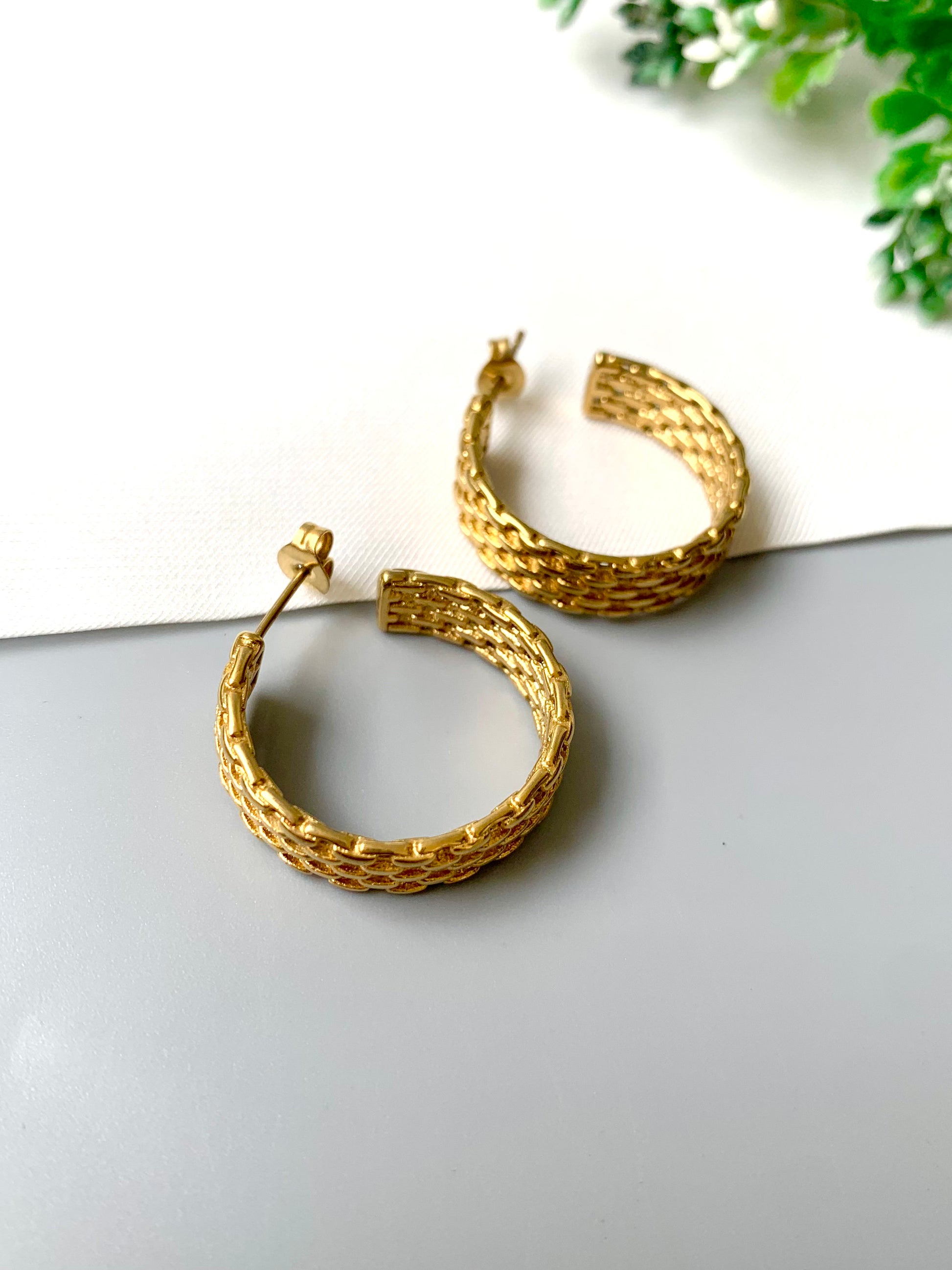 Gold plated stainless steel Linka Hoops with textured chain design from FORMA by Zamal Jewels