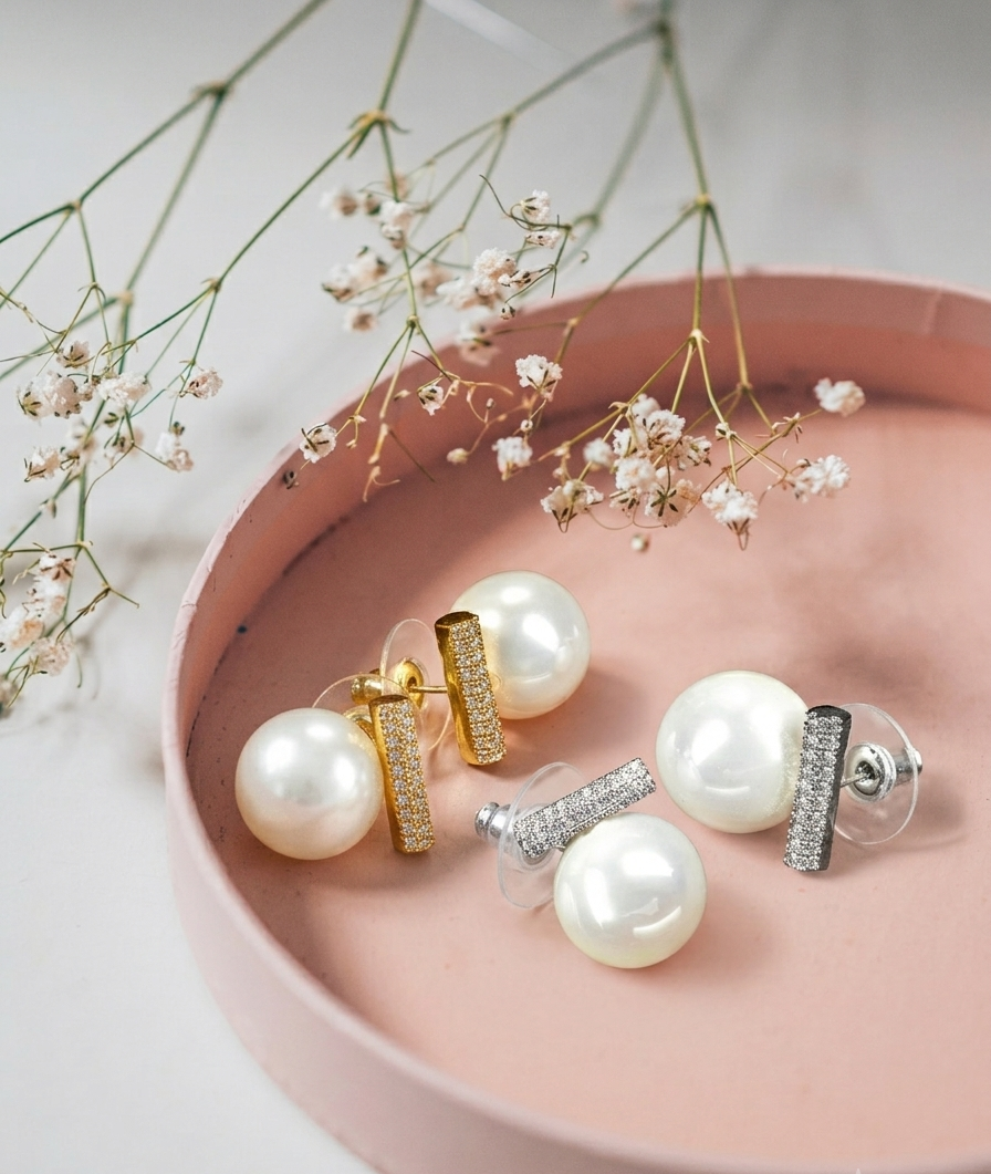 Freda handcrafted American Diamond and semi-precious Pearl studs in 22kt gold and rhodium plating