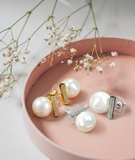 Freda handcrafted American Diamond and semi-precious Pearl studs in 22kt gold and rhodium plating