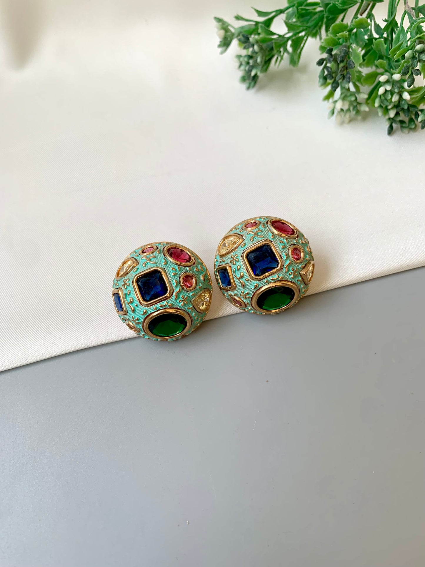 Gina handcrafted Victorian gold antique finish studs with ruby, citrine, emerald, sapphire and hand painted meena