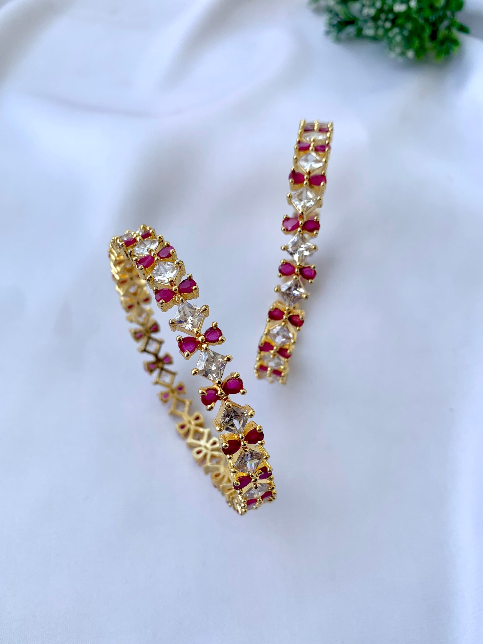 Gisha ruby gold plated slide on bangles with American diamonds sold as pair size 2.6