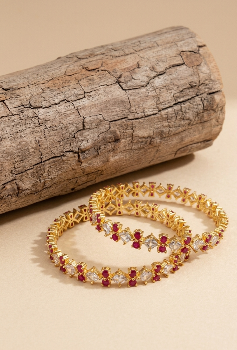 Gisha ruby gold plated slide on bangles with American diamonds sold as pair size 2.6