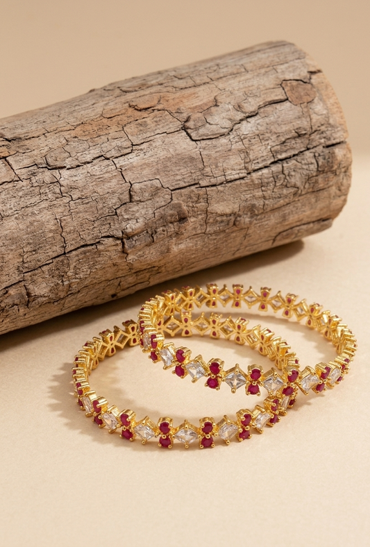 Gisha ruby gold plated slide on bangles with American diamonds sold as pair size 2.6