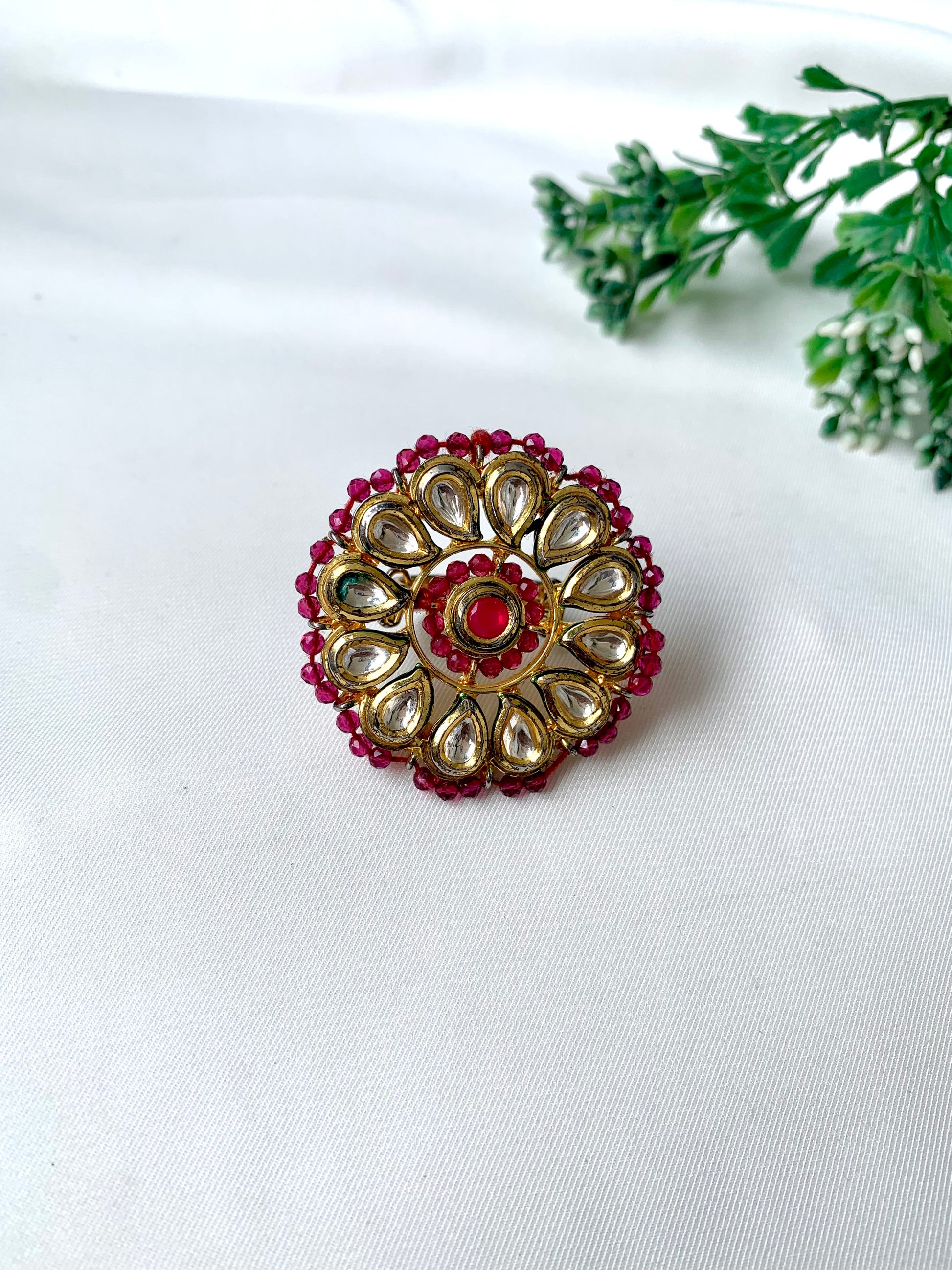 Traditional gold-plated ring with kundan and ruby stones from Zamal Jewels