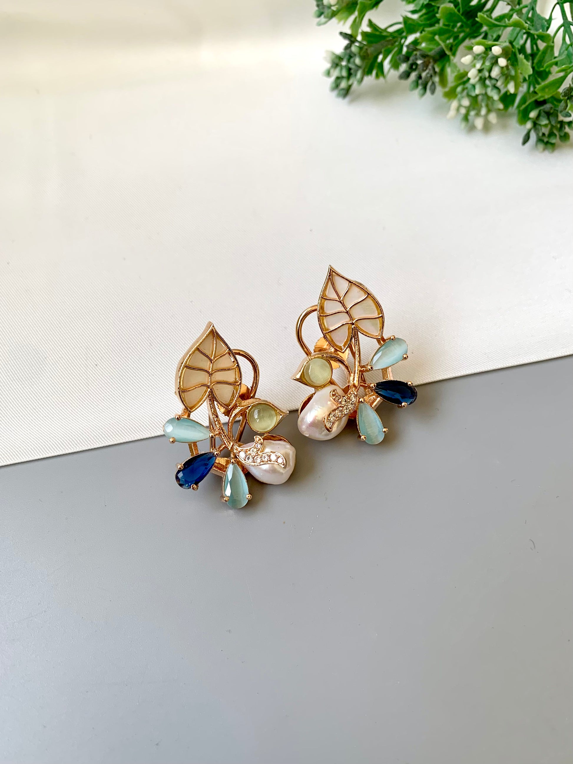 Gulmehar rose gold studs with mother of pearl, baroque pearls, sapphire and american diamonds