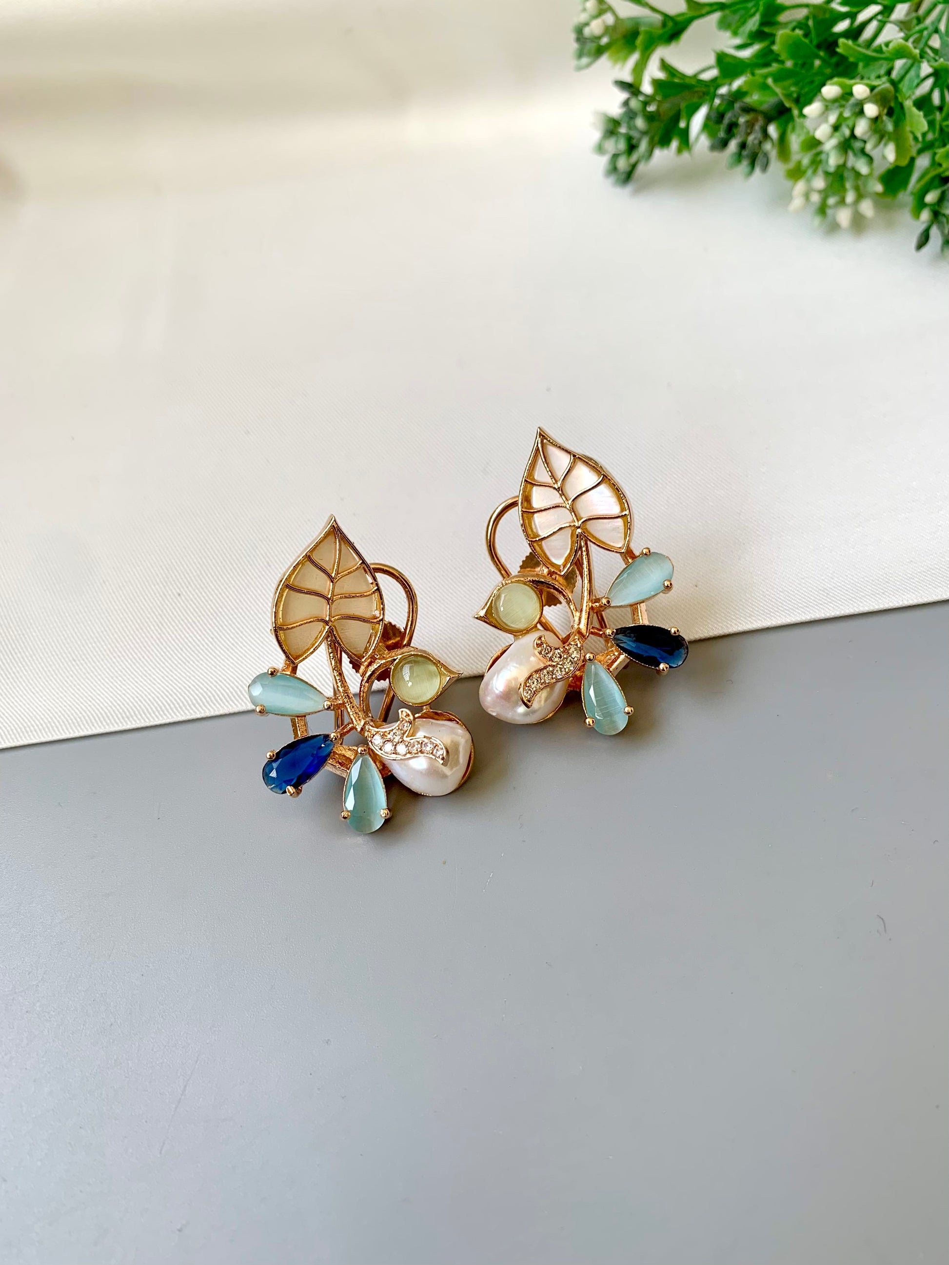 Gulmehar rose gold studs with mother of pearl, baroque pearls, sapphire and american diamonds