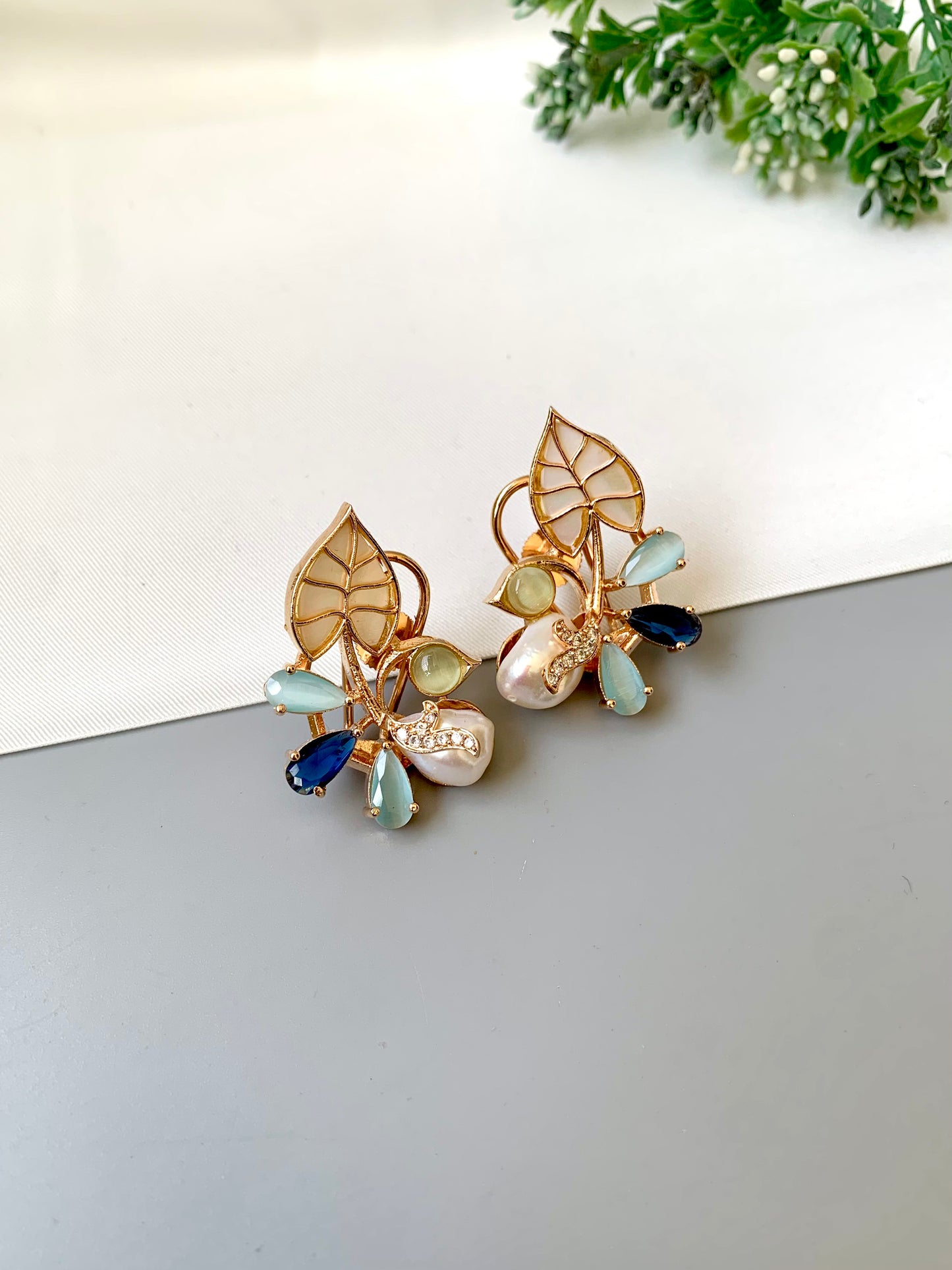 Gulmehar rose gold studs with mother of pearl, baroque pearls, sapphire and american diamonds