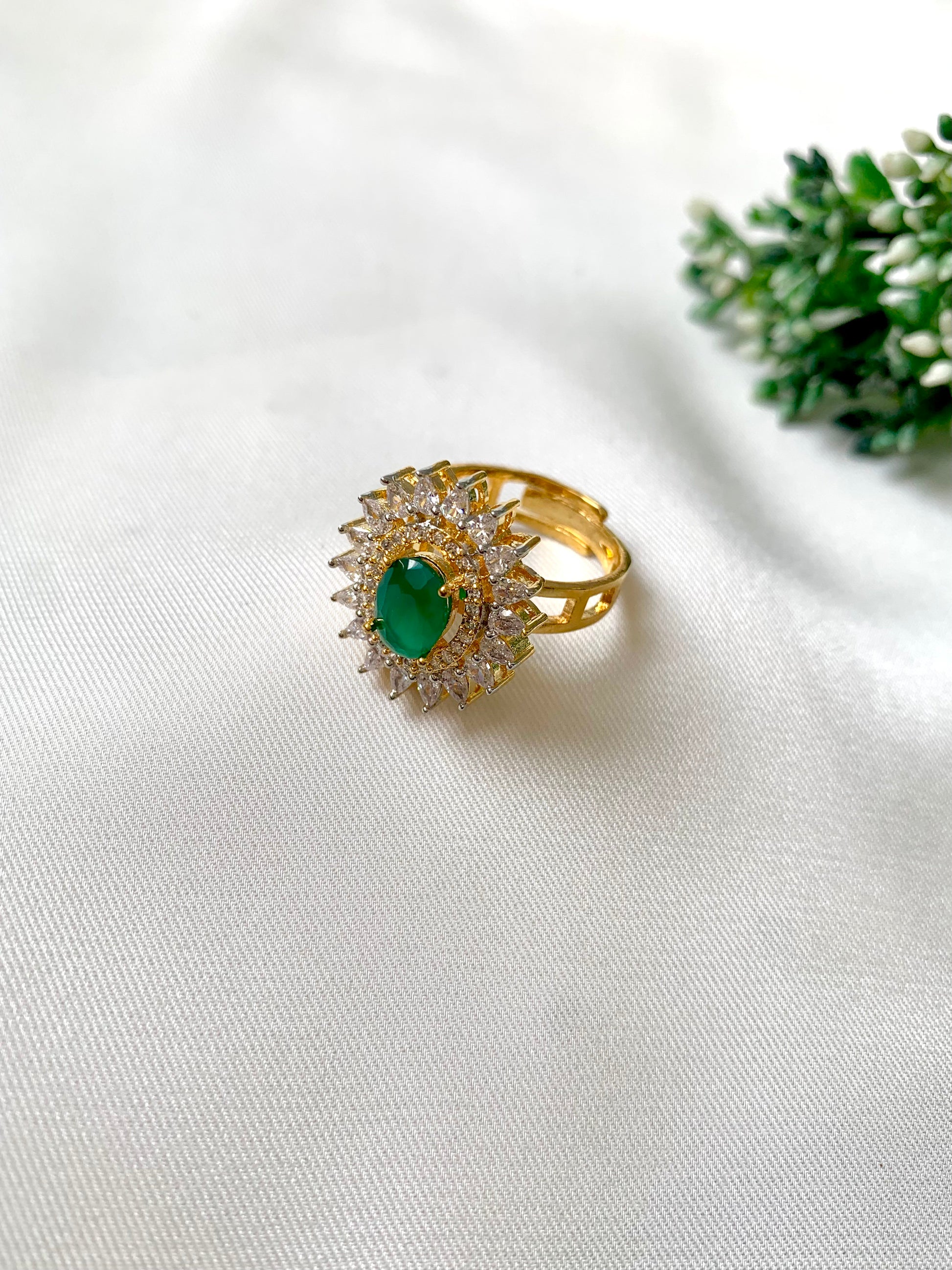 Hermona gold-plated ring with semi-precious emerald and American Diamonds, adjustable design
