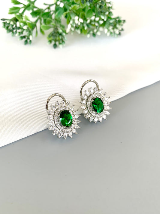 Front view of Hermona Hydro Emerald Studs in rhodium plating with American Diamonds