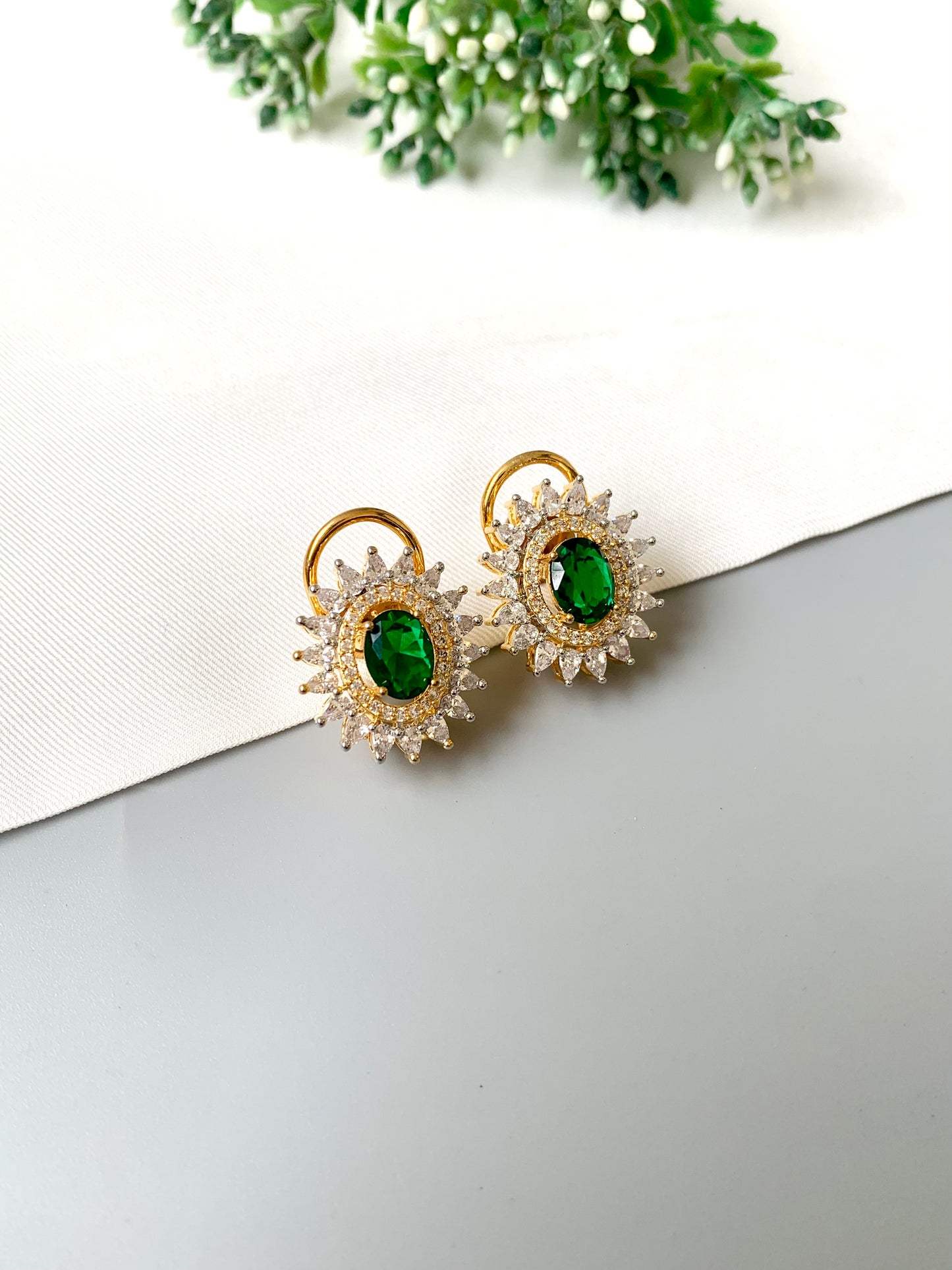Close-up of Hermona Earrings with Semi-Precious Hydro Emerald