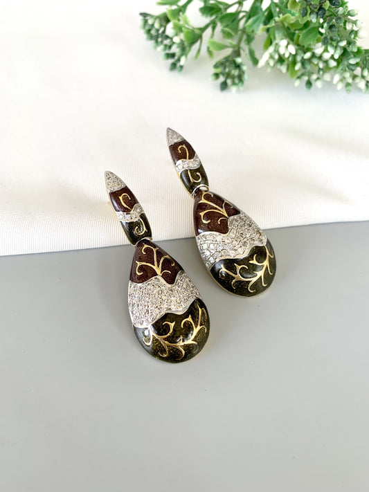 Front view of Ida Earrings with hand-painted Meena and American Diamonds in maroon and green