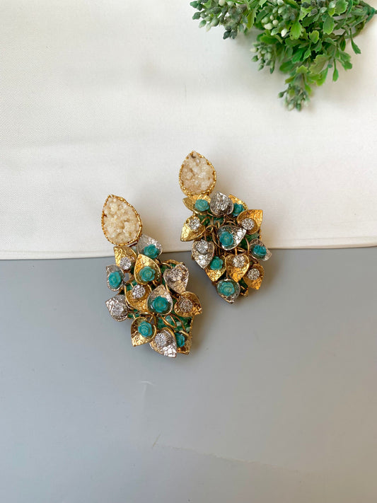 Iris designer earrings in 22kt gold plating with american diamonds and natural gemstones