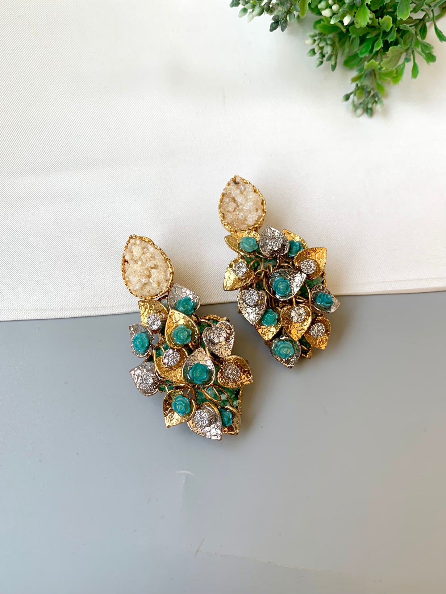 Iris designer earrings in 22kt gold plating with american diamonds and natural gemstones