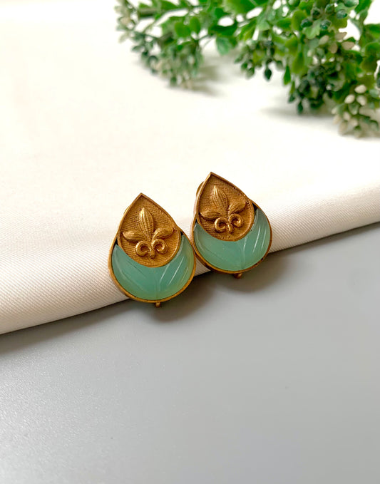Handcrafted Ishani Studs in Mint green stones with Victorian Gold plating – front view