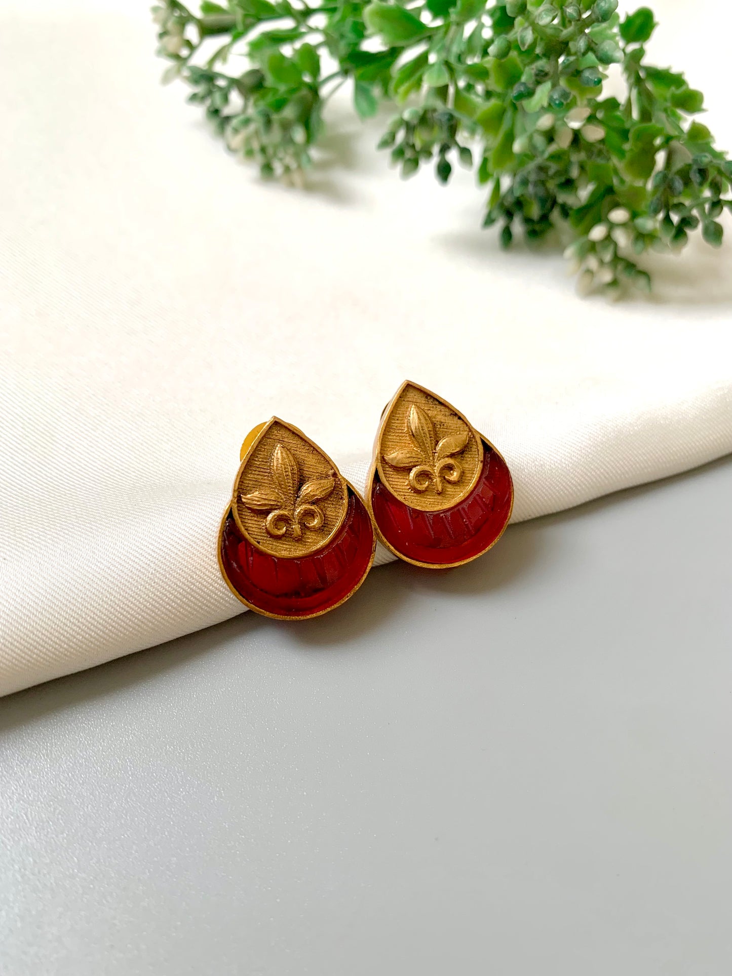 Handcrafted Ishani Studs in semi-precious carved Ruby with 22kt Victorian matte gold plating – front view.