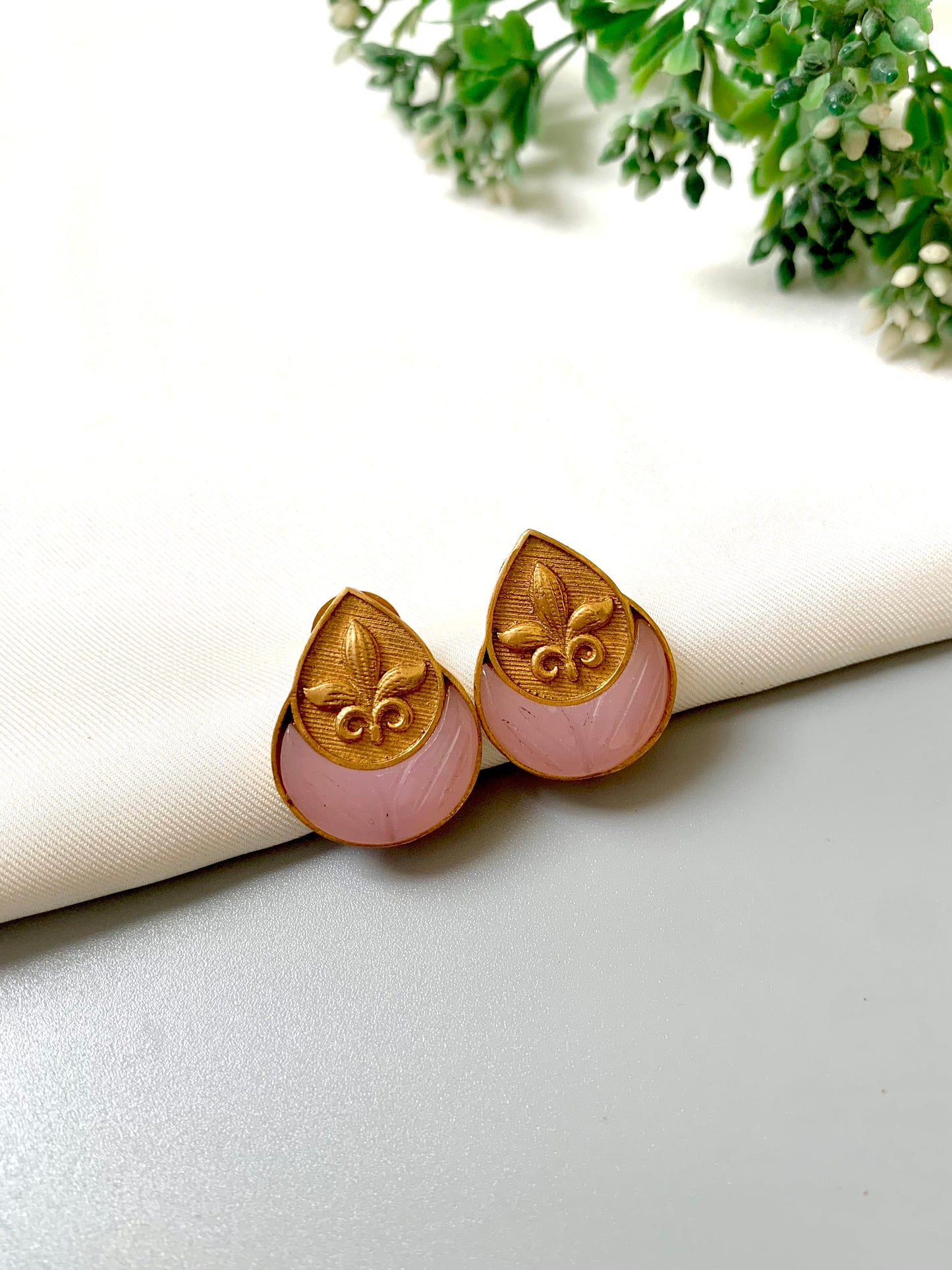 Close-up of Ishani Pink Semi-Precious Stud Earrings in matte finish